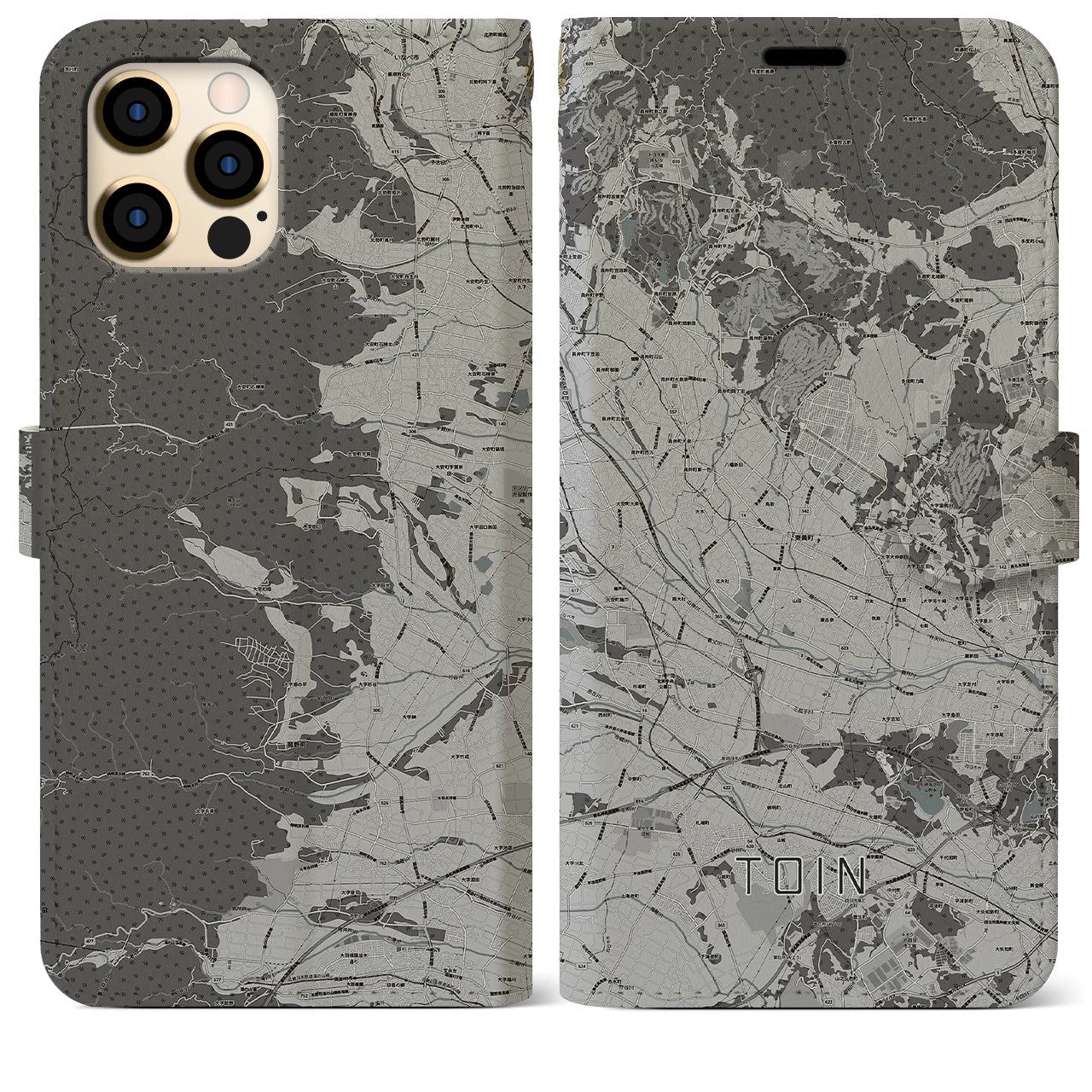 【東員(三重県)】地図柄iPhoneケース(手帳タイプ)モノトーン・iPhone 12 Pro Max 用