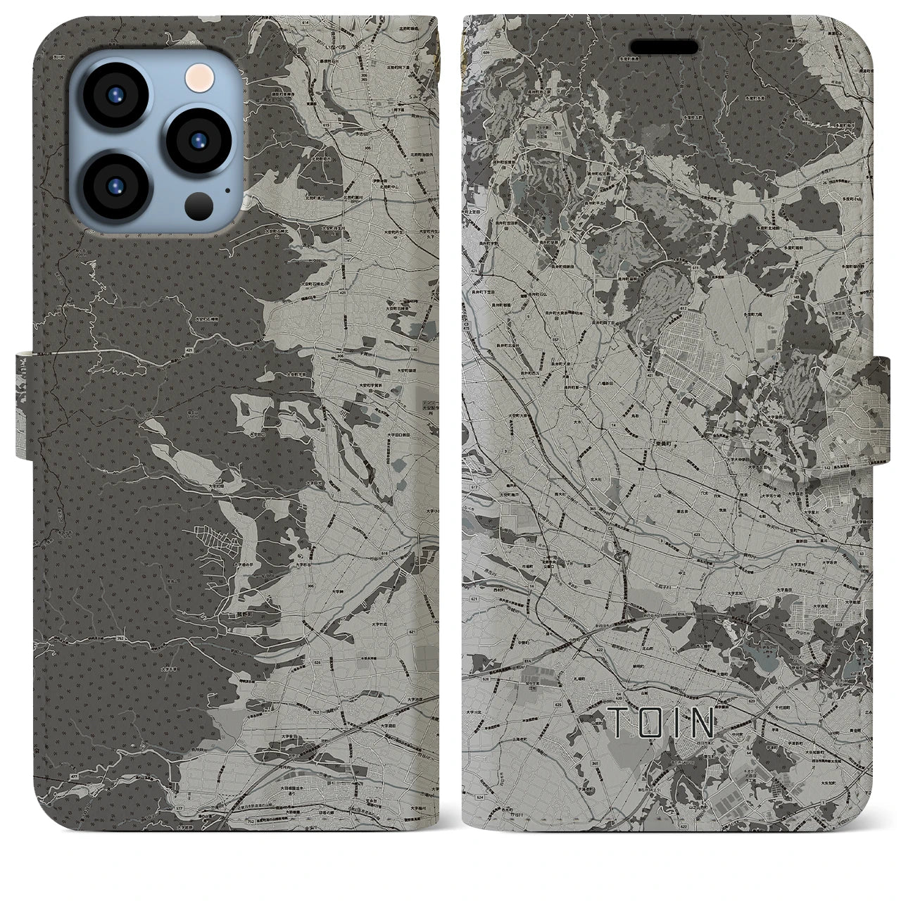 【東員(三重県)】地図柄iPhoneケース(手帳タイプ)モノトーン・iPhone 13 Pro Max 用