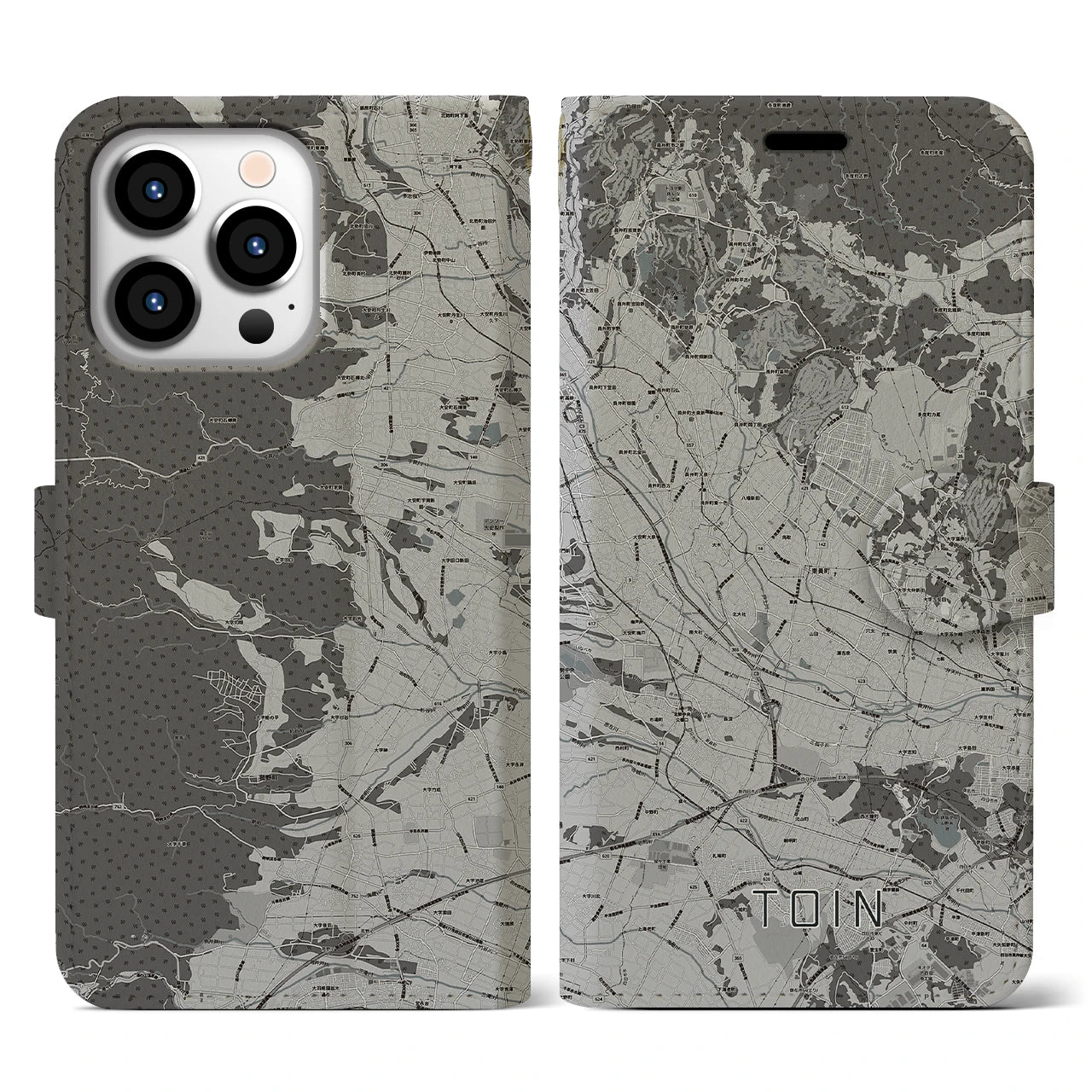 【東員(三重県)】地図柄iPhoneケース(手帳タイプ)モノトーン・iPhone 13 Pro 用