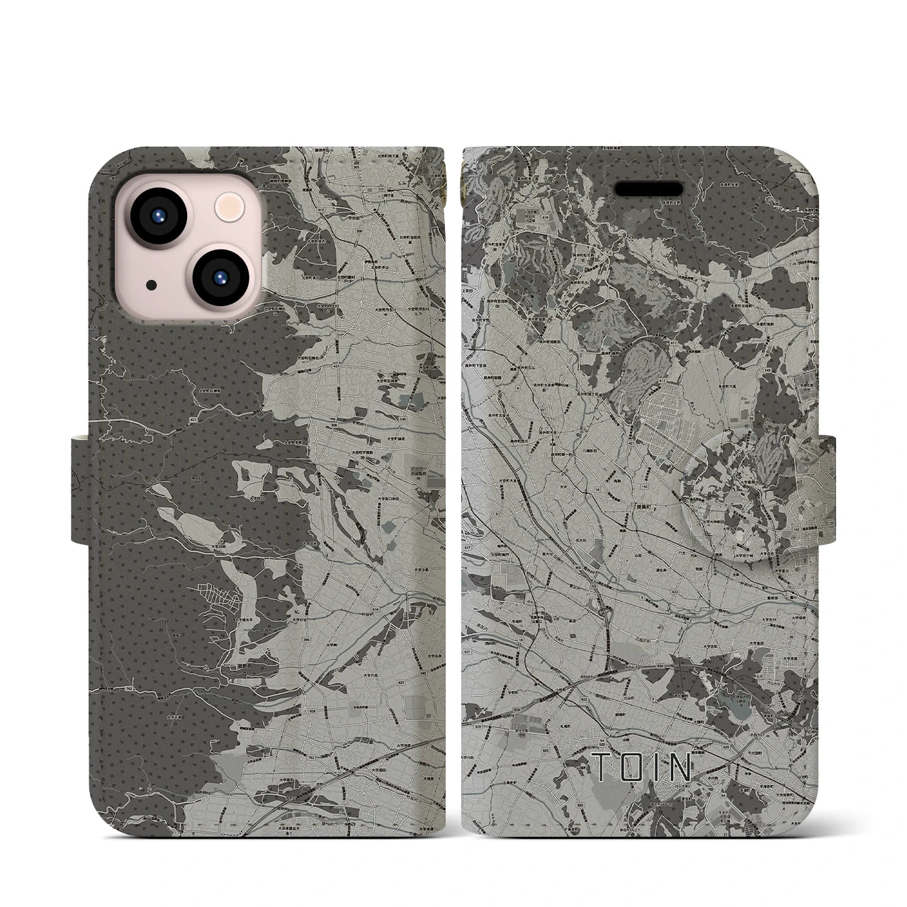 【東員(三重県)】地図柄iPhoneケース(手帳タイプ)モノトーン・iPhone 13 mini 用