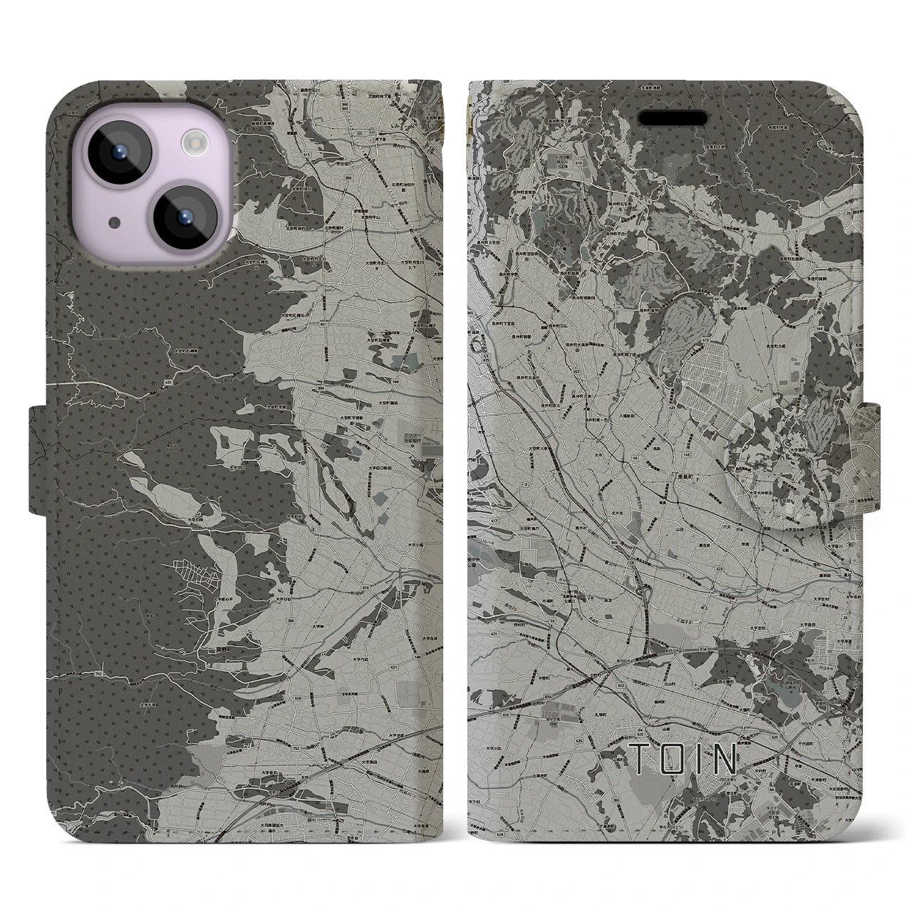 【東員(三重県)】地図柄iPhoneケース(手帳タイプ)モノトーン・iPhone 14 用