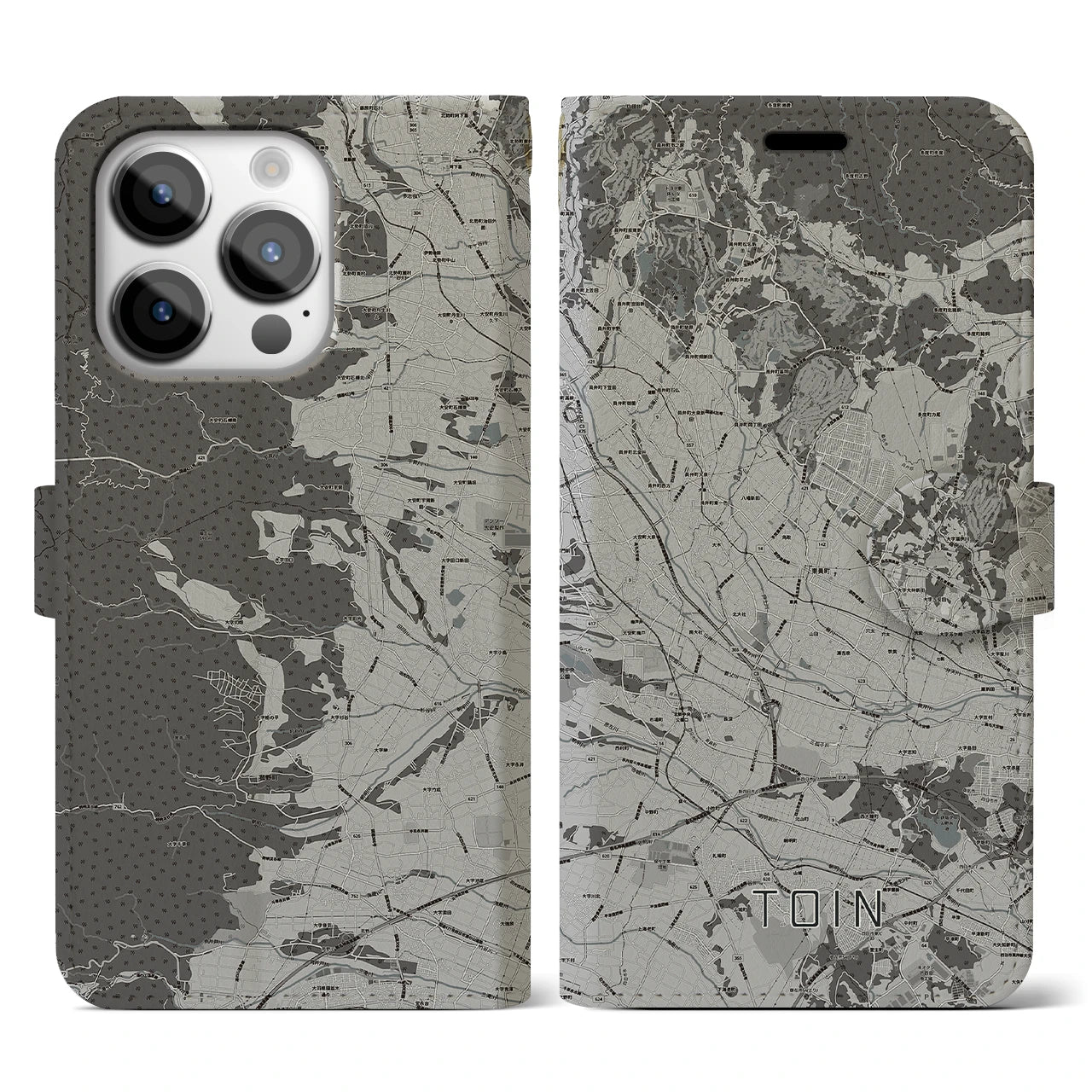 【東員(三重県)】地図柄iPhoneケース(手帳タイプ)モノトーン・iPhone 14 Pro 用