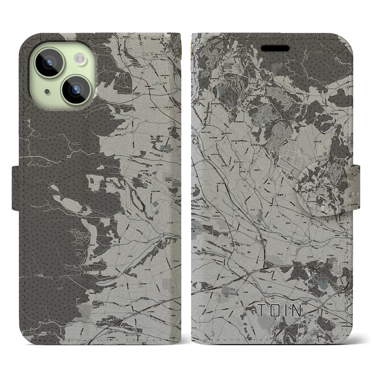 【東員(三重県)】地図柄iPhoneケース(手帳タイプ)モノトーン・iPhone 15 用