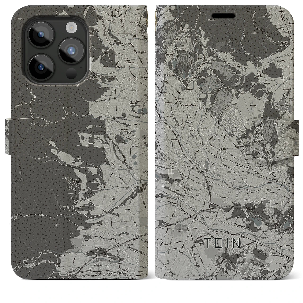 【東員(三重県)】地図柄iPhoneケース(手帳タイプ)モノトーン・iPhone 15 Pro Max 用