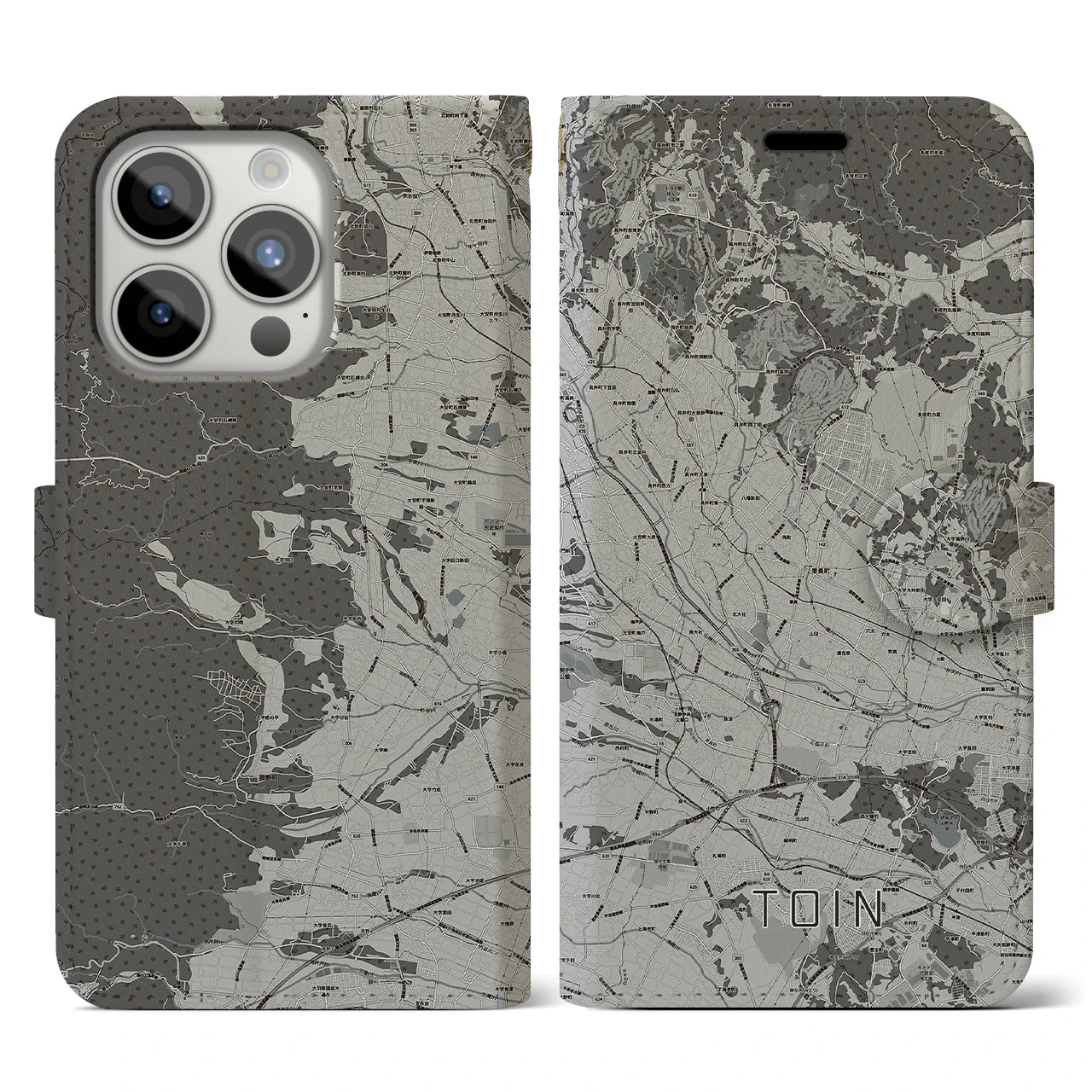 【東員(三重県)】地図柄iPhoneケース(手帳タイプ)モノトーン・iPhone 15 Pro 用