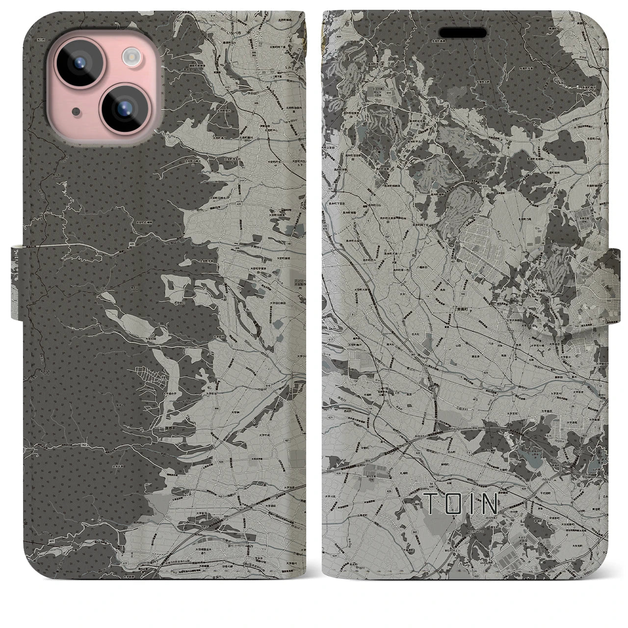 【東員(三重県)】地図柄iPhoneケース(手帳タイプ)モノトーン・iPhone 15 Plus 用