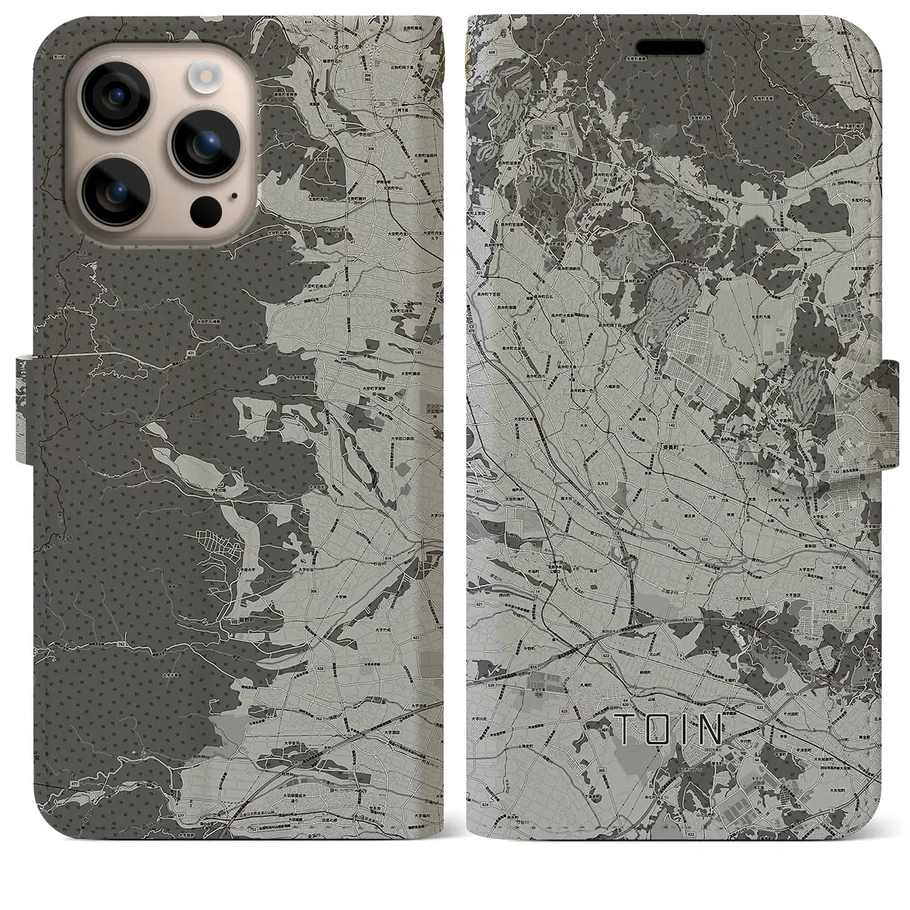 【東員(三重県)】地図柄iPhoneケース(手帳タイプ)モノトーン・iPhone 16 Plus 用