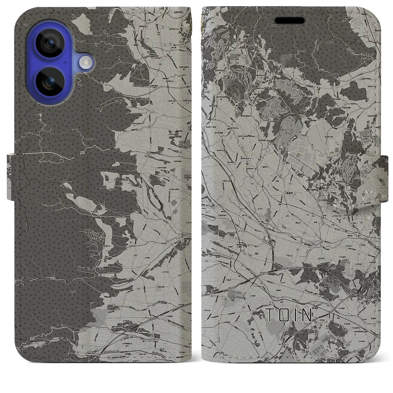 【東員(三重県)】地図柄iPhoneケース(手帳タイプ)モノトーン・iPhone 16 Pro Max 用