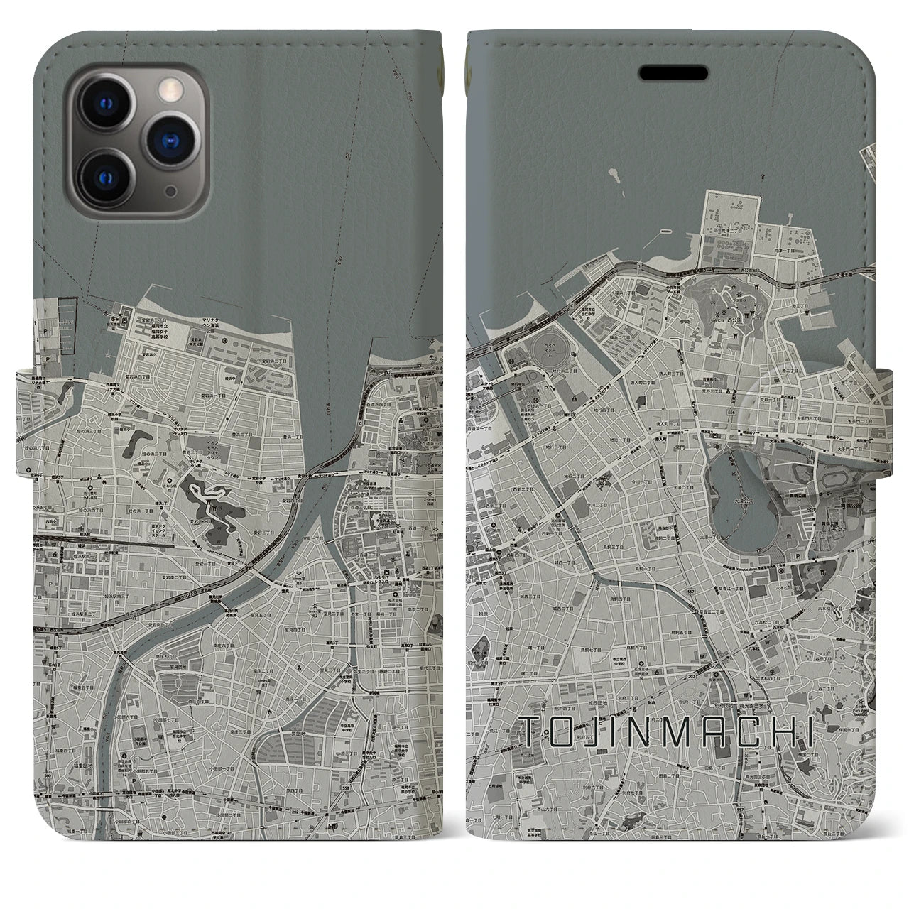 【唐人町(福岡県)】地図柄iPhoneケース(手帳タイプ)モノトーン・iPhone 11 Pro Max 用