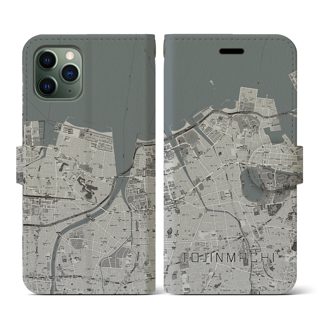 【唐人町(福岡県)】地図柄iPhoneケース(手帳タイプ)モノトーン・iPhone 11 Pro 用