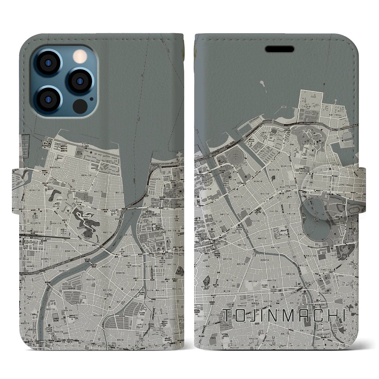【唐人町(福岡県)】地図柄iPhoneケース(手帳タイプ)モノトーン・iPhone 12 / 12 Pro 用