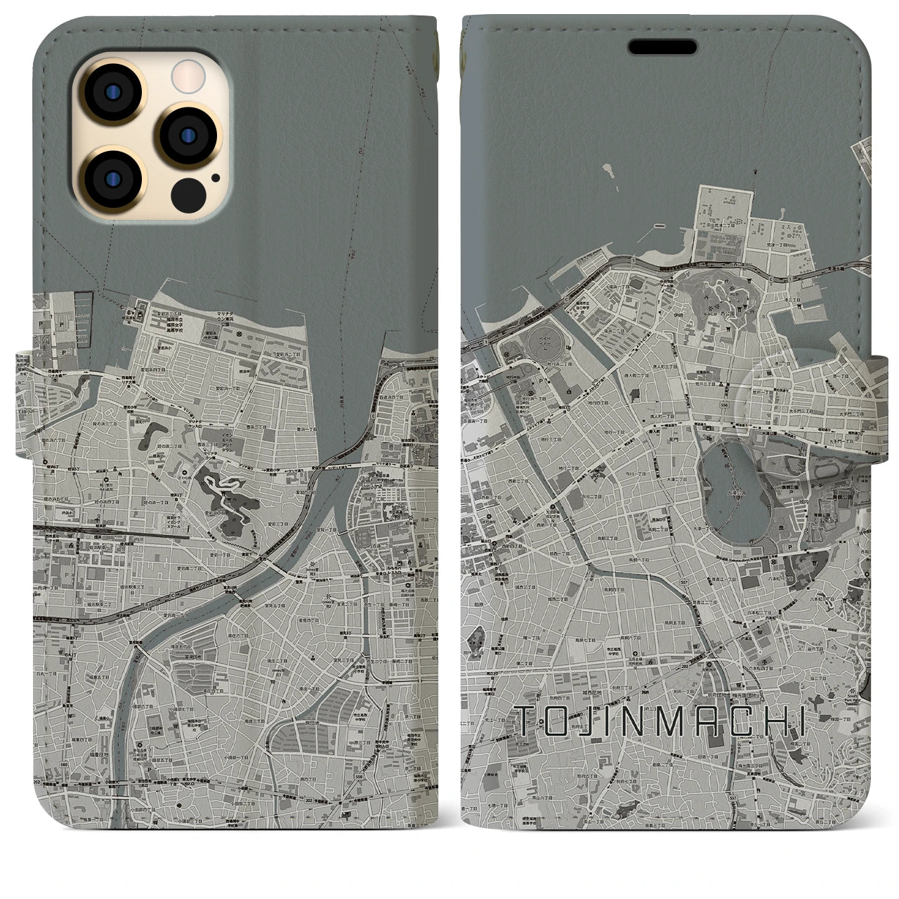 【唐人町(福岡県)】地図柄iPhoneケース(手帳タイプ)モノトーン・iPhone 12 Pro Max 用