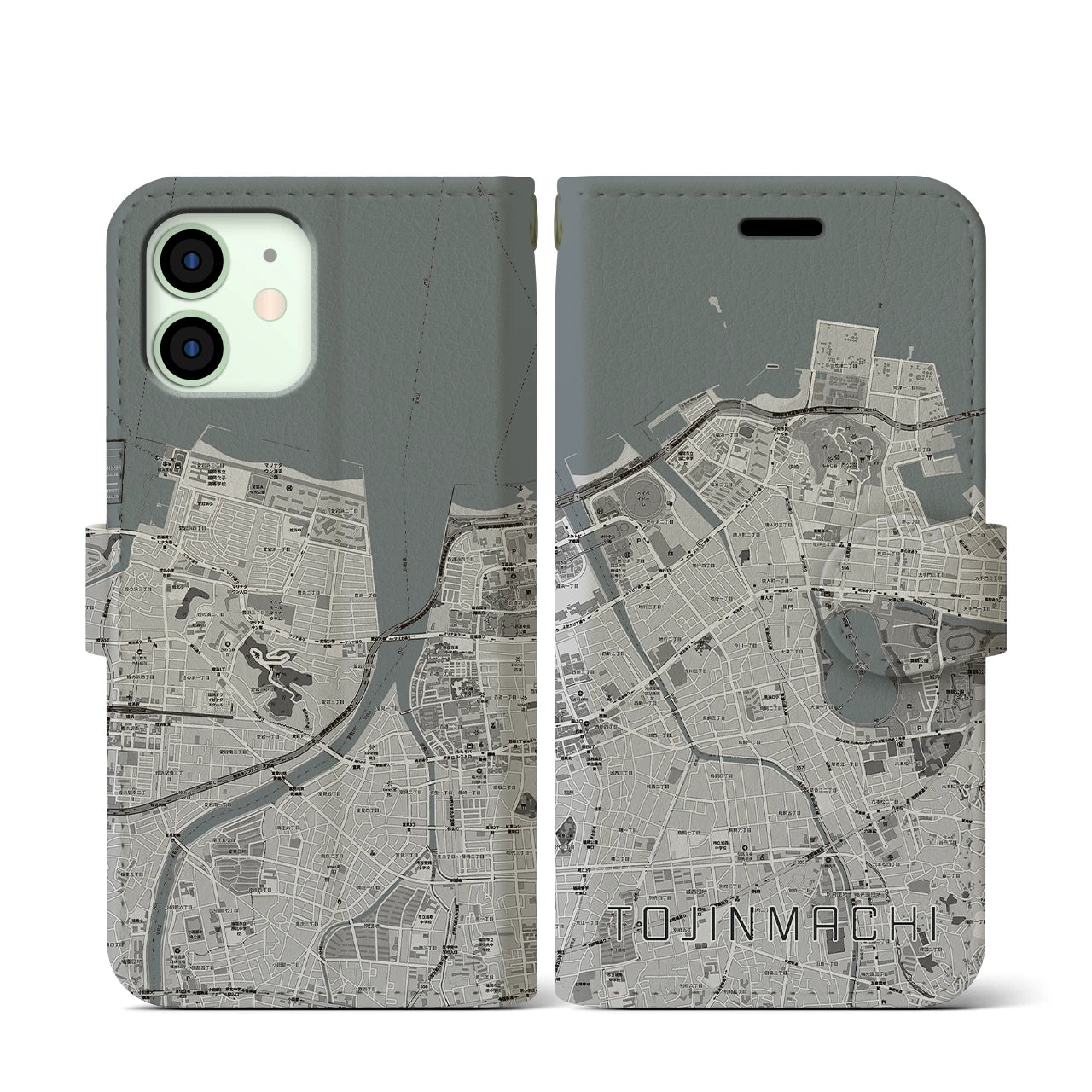 【唐人町(福岡県)】地図柄iPhoneケース(手帳タイプ)モノトーン・iPhone 12 mini 用