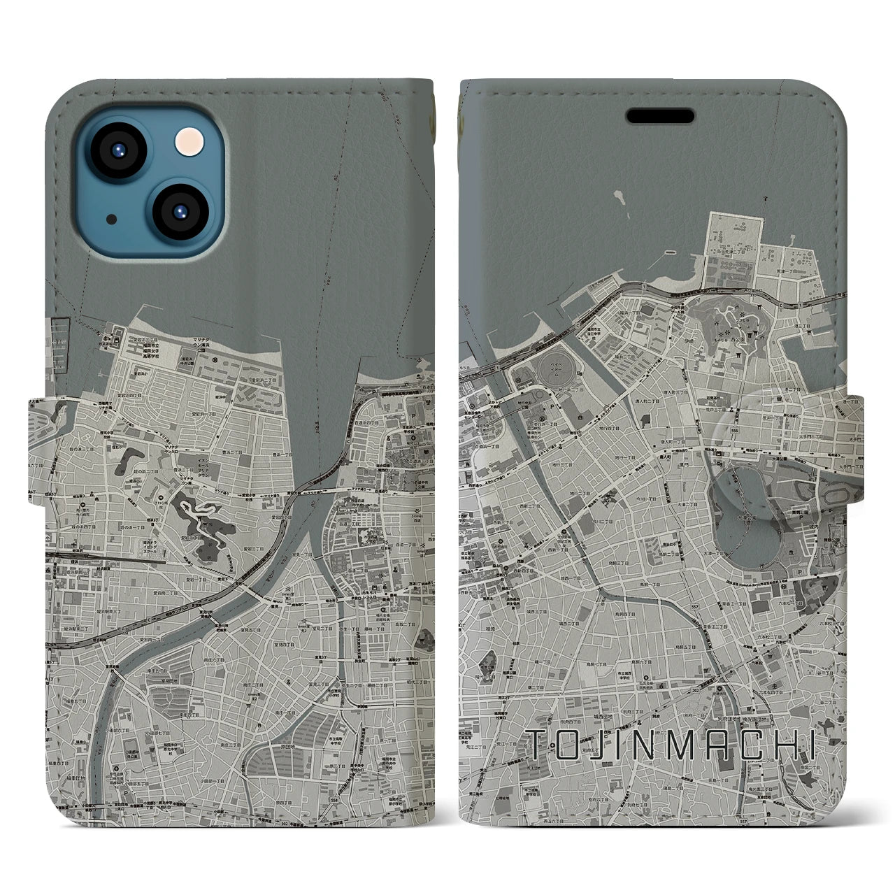 【唐人町(福岡県)】地図柄iPhoneケース(手帳タイプ)モノトーン・iPhone 13 用