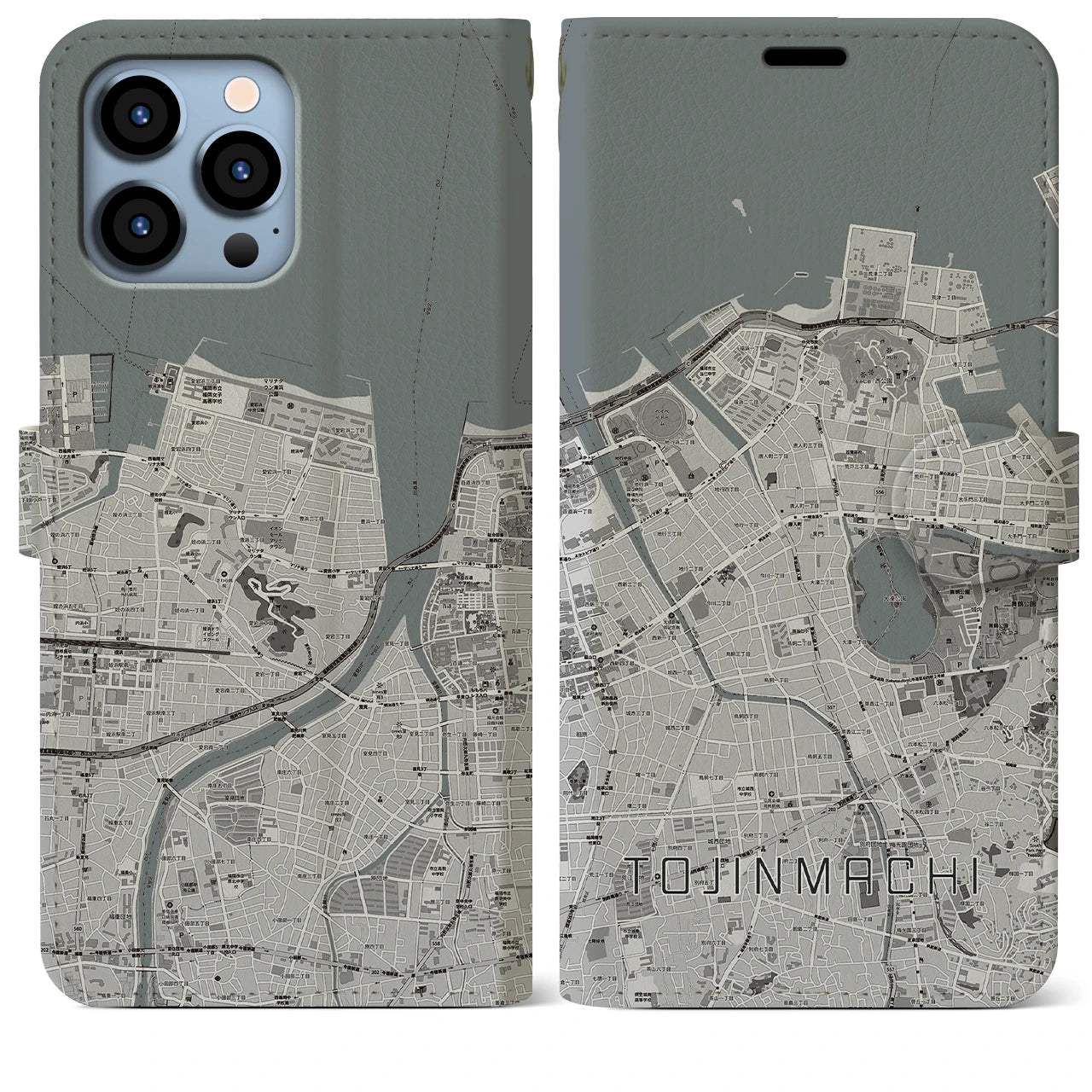 【唐人町(福岡県)】地図柄iPhoneケース(手帳タイプ)モノトーン・iPhone 13 Pro Max 用