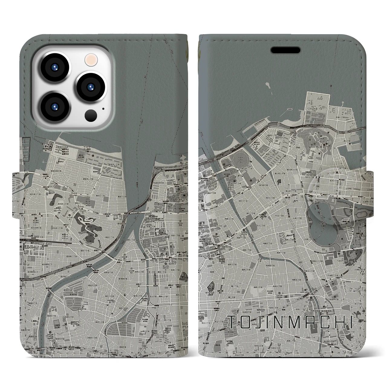 【唐人町(福岡県)】地図柄iPhoneケース(手帳タイプ)モノトーン・iPhone 13 Pro 用