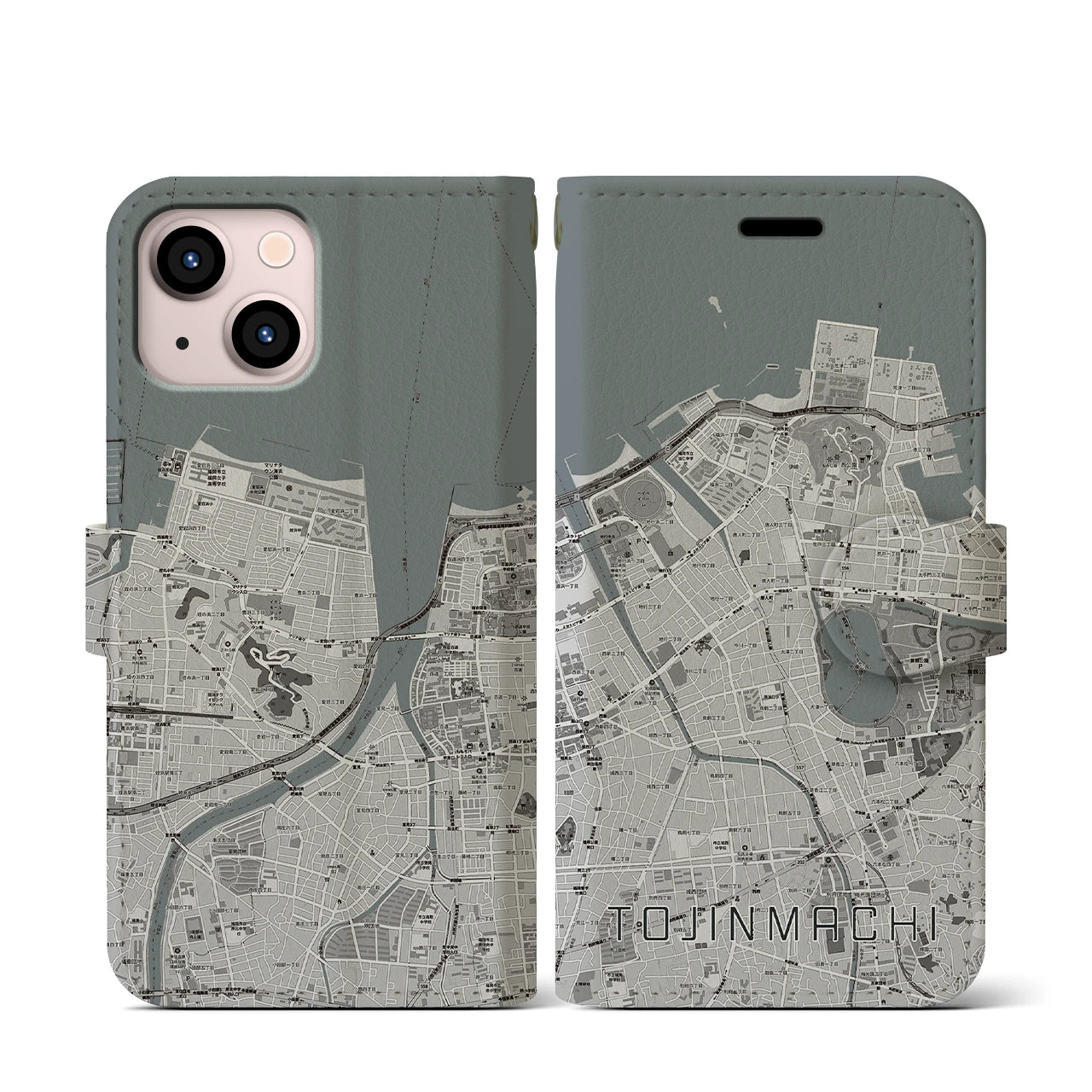 【唐人町(福岡県)】地図柄iPhoneケース(手帳タイプ)モノトーン・iPhone 13 mini 用