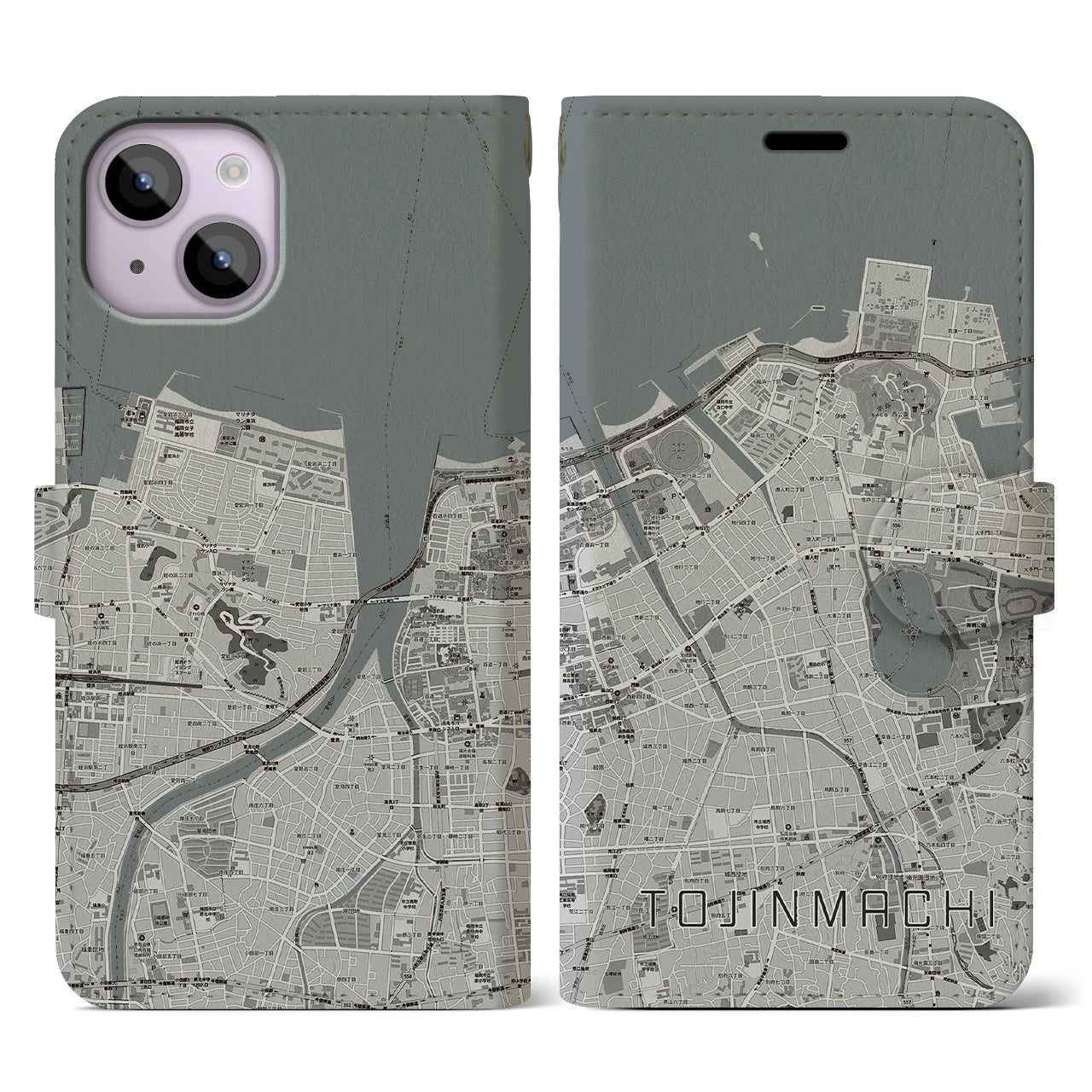 【唐人町(福岡県)】地図柄iPhoneケース(手帳タイプ)モノトーン・iPhone 14 用