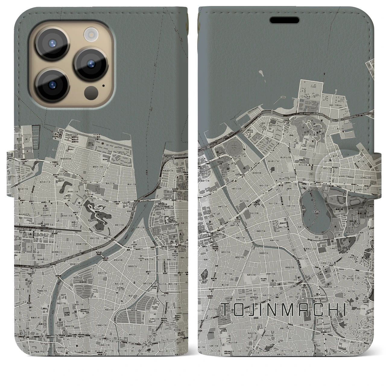 【唐人町(福岡県)】地図柄iPhoneケース(手帳タイプ)モノトーン・iPhone 14 Pro Max 用