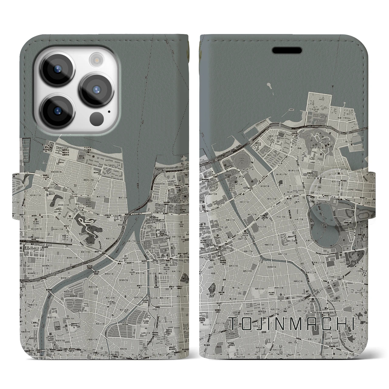 【唐人町(福岡県)】地図柄iPhoneケース(手帳タイプ)モノトーン・iPhone 14 Pro 用