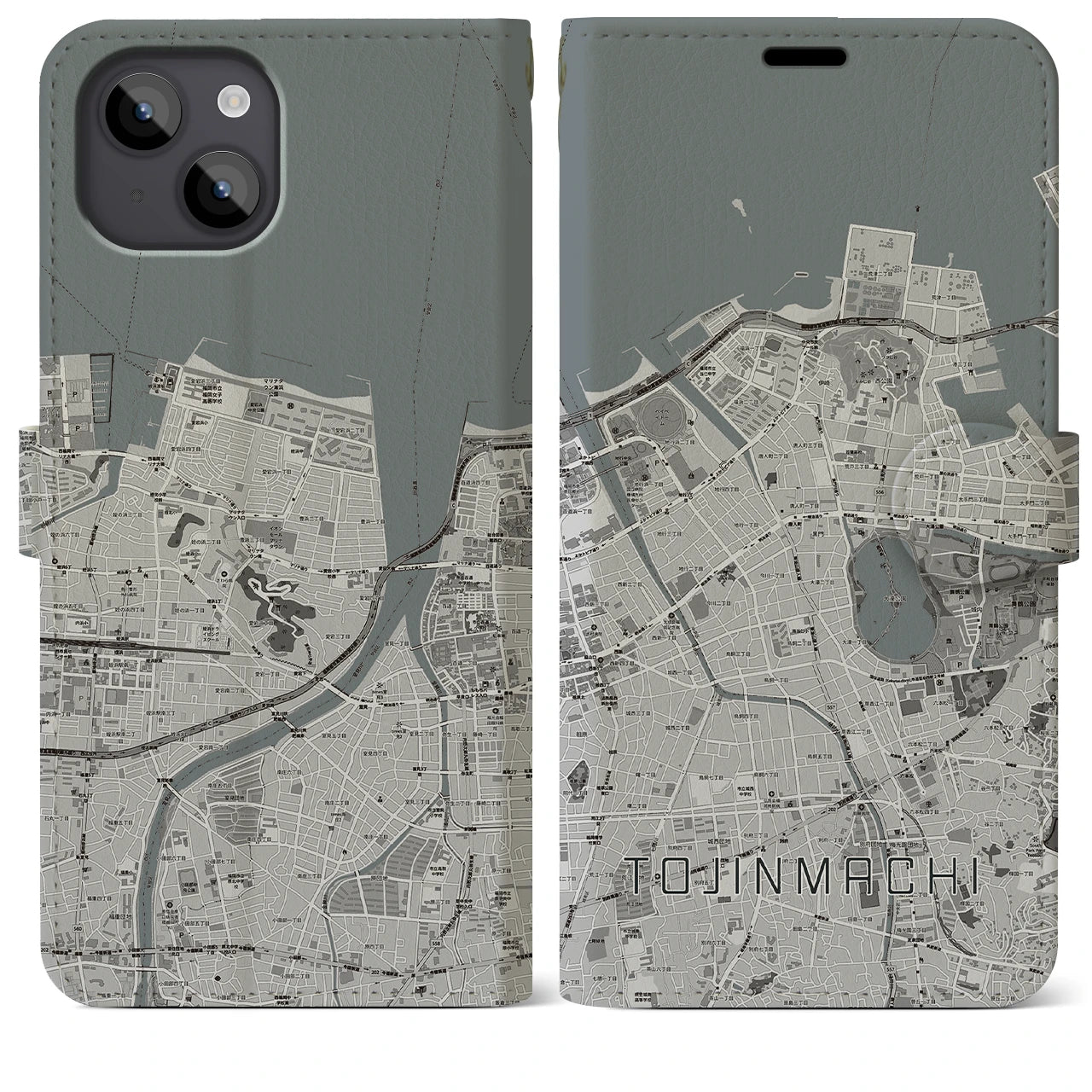 【唐人町(福岡県)】地図柄iPhoneケース(手帳タイプ)モノトーン・iPhone 14 Plus 用
