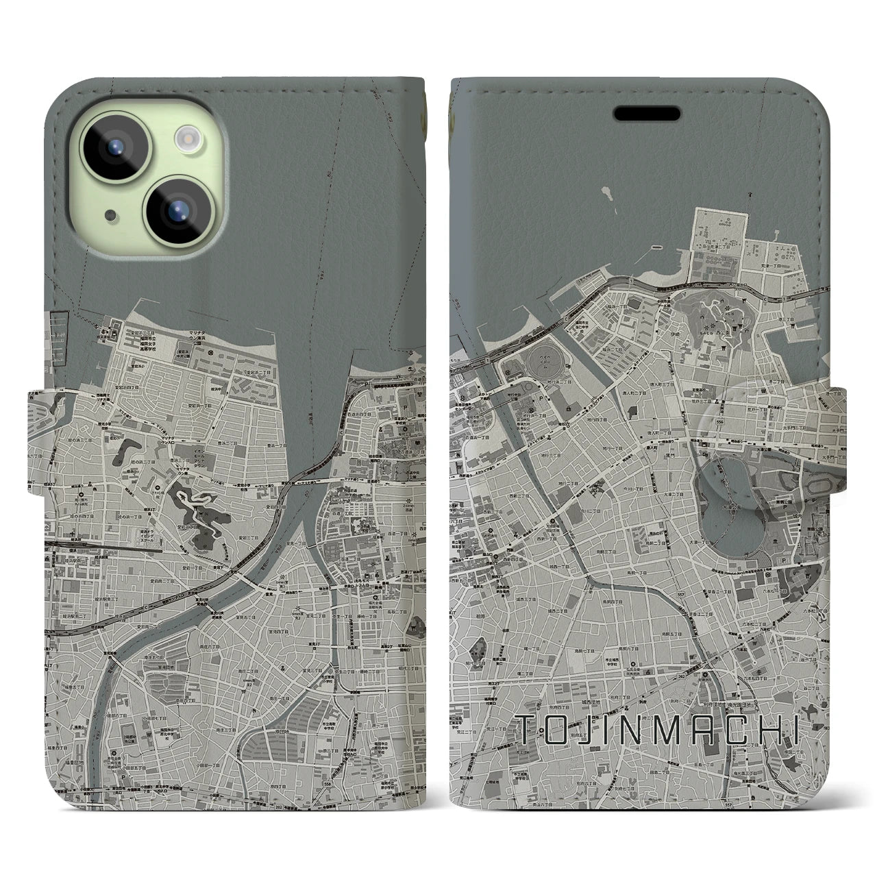 【唐人町(福岡県)】地図柄iPhoneケース(手帳タイプ)モノトーン・iPhone 15 用