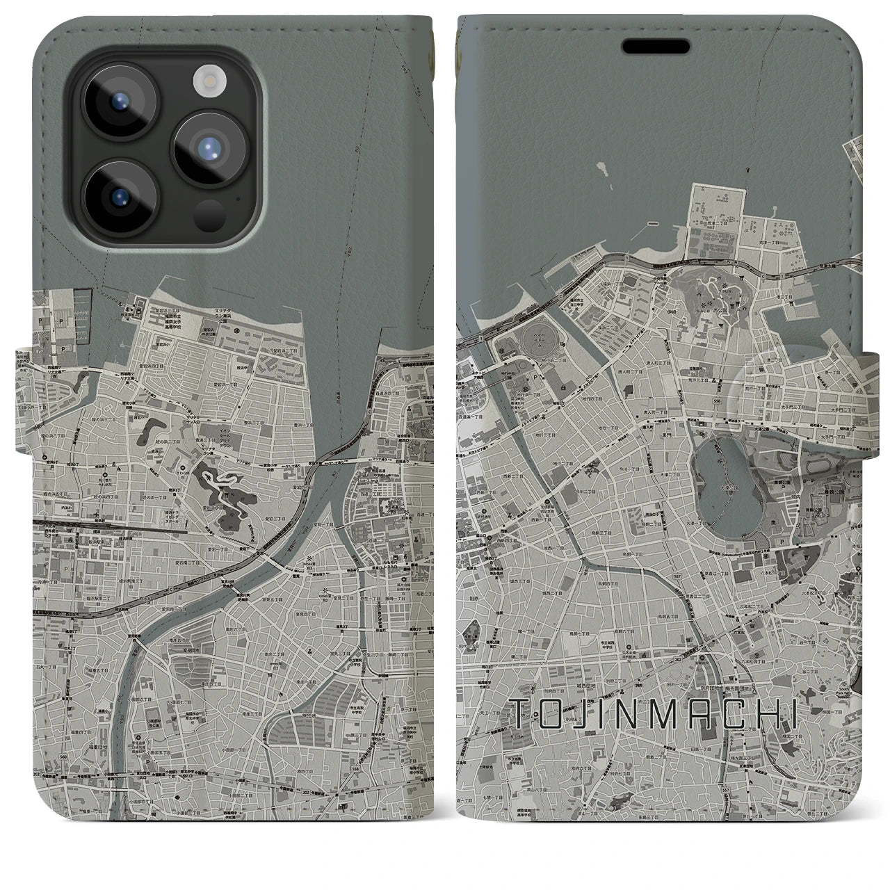 【唐人町(福岡県)】地図柄iPhoneケース(手帳タイプ)モノトーン・iPhone 15 Pro Max 用
