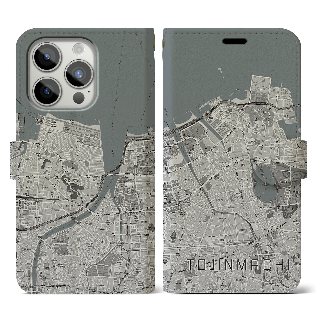 【唐人町(福岡県)】地図柄iPhoneケース(手帳タイプ)モノトーン・iPhone 15 Pro 用