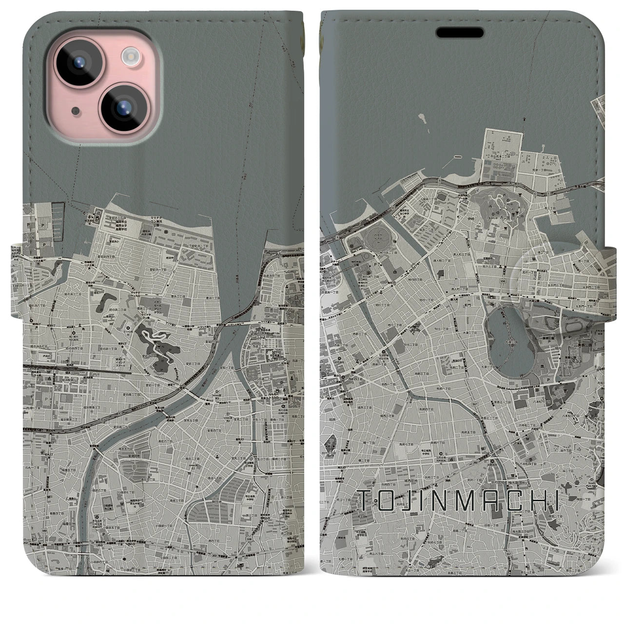 【唐人町(福岡県)】地図柄iPhoneケース(手帳タイプ)モノトーン・iPhone 15 Plus 用