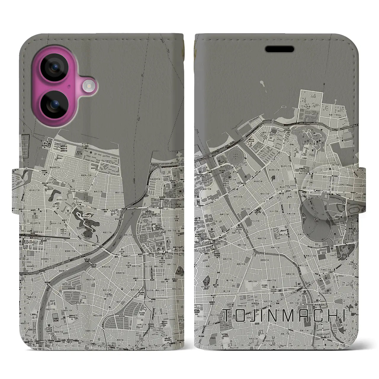 【唐人町(福岡県)】地図柄iPhoneケース(手帳タイプ)モノトーン・iPhone 16 Pro 用