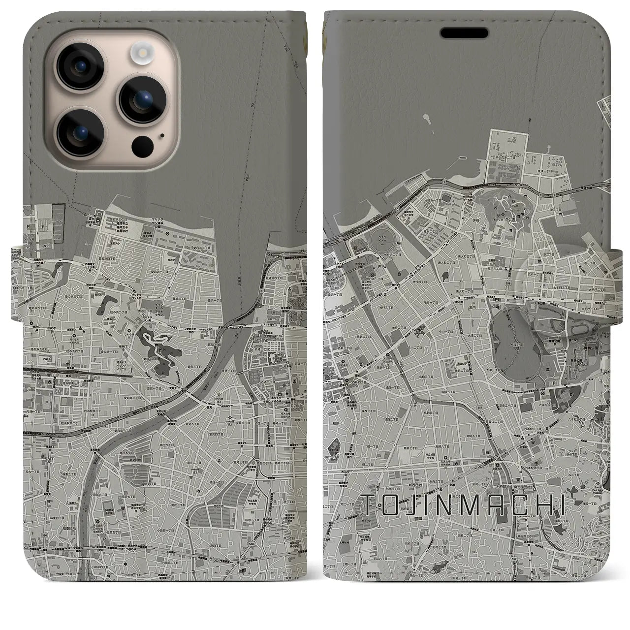【唐人町(福岡県)】地図柄iPhoneケース(手帳タイプ)モノトーン・iPhone 16 Plus 用