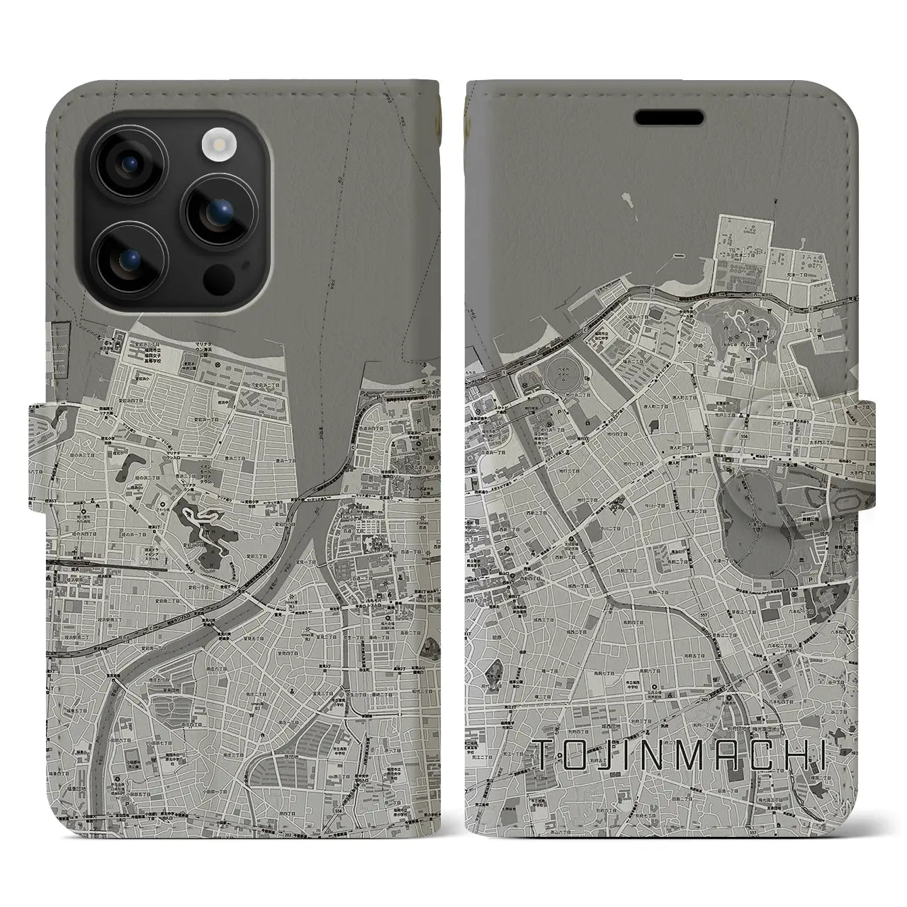 【唐人町(福岡県)】地図柄iPhoneケース(手帳タイプ)モノトーン・iPhone 16 用