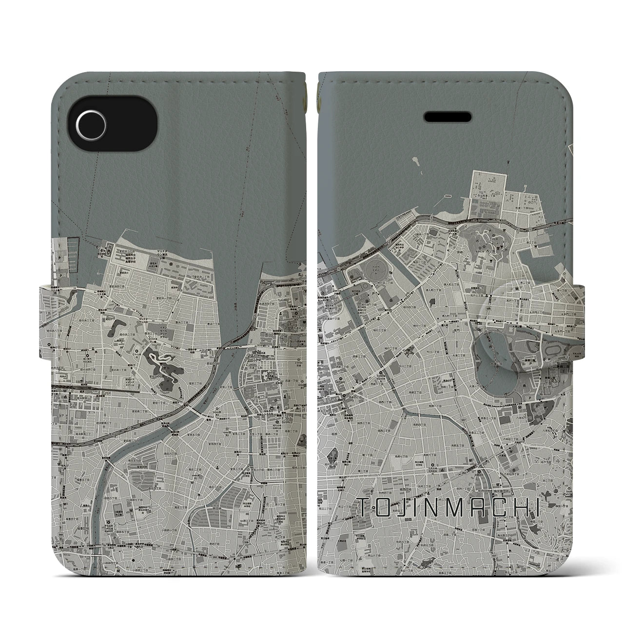 【唐人町(福岡県)】地図柄iPhoneケース(手帳タイプ)モノトーン・iPhone SE(第3 / 第2世代) / 8 / 7 / 6s / 6 用