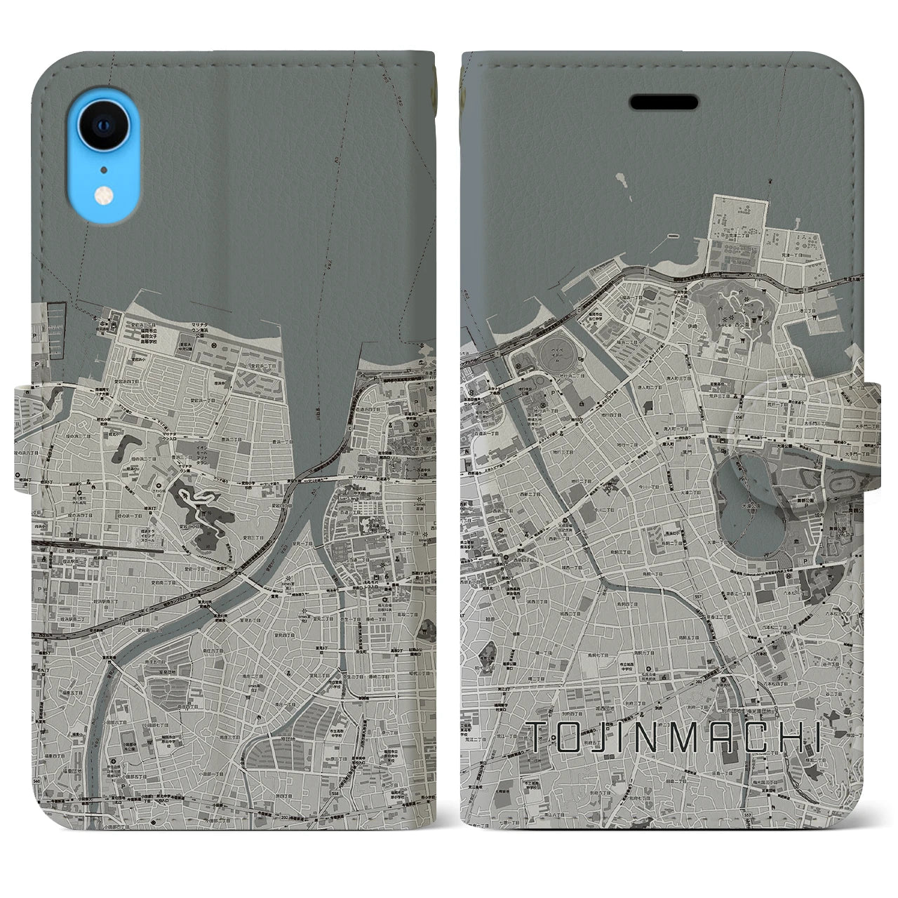 【唐人町(福岡県)】地図柄iPhoneケース(手帳タイプ)モノトーン・iPhone XR 用