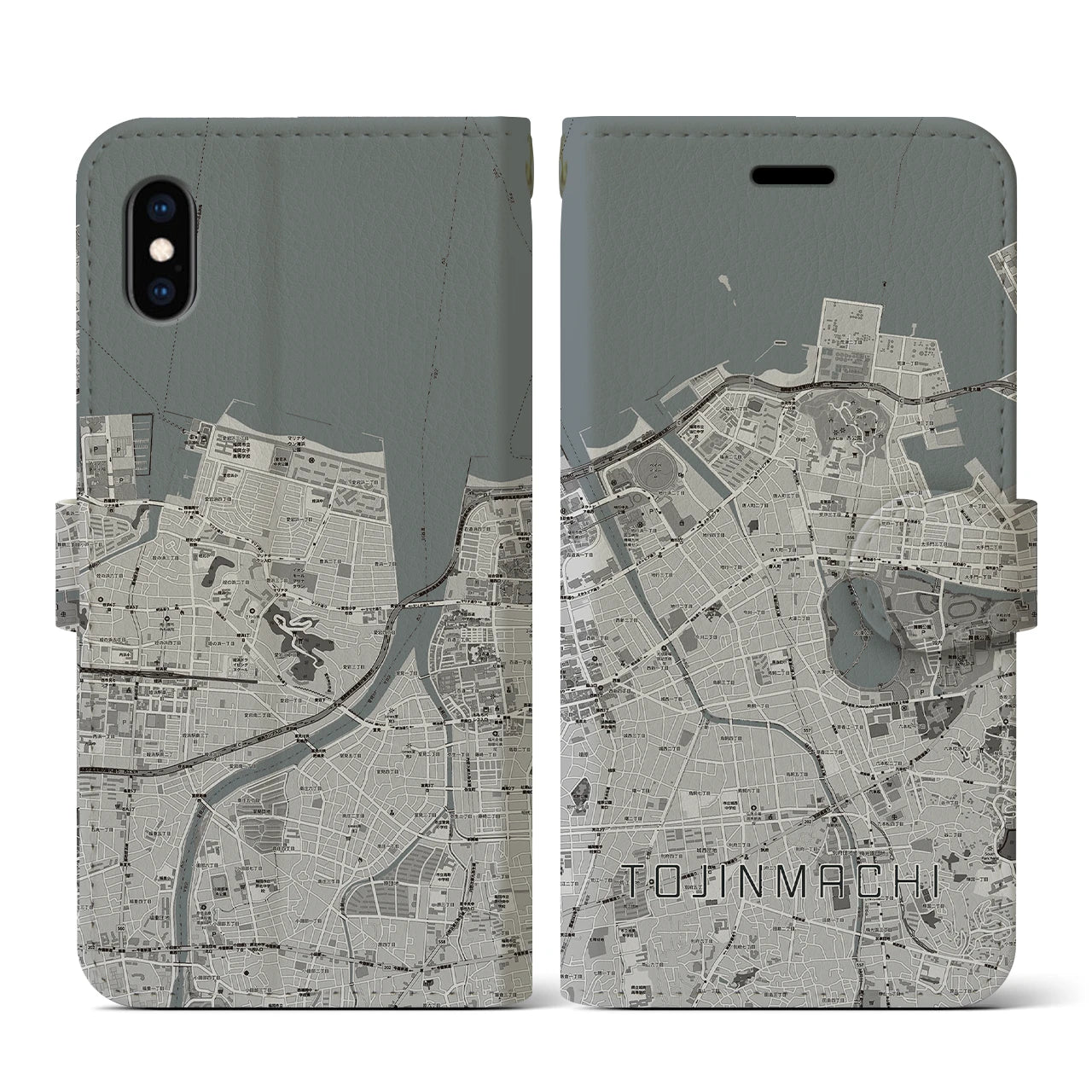 【唐人町(福岡県)】地図柄iPhoneケース(手帳タイプ)モノトーン・iPhone XS / X 用