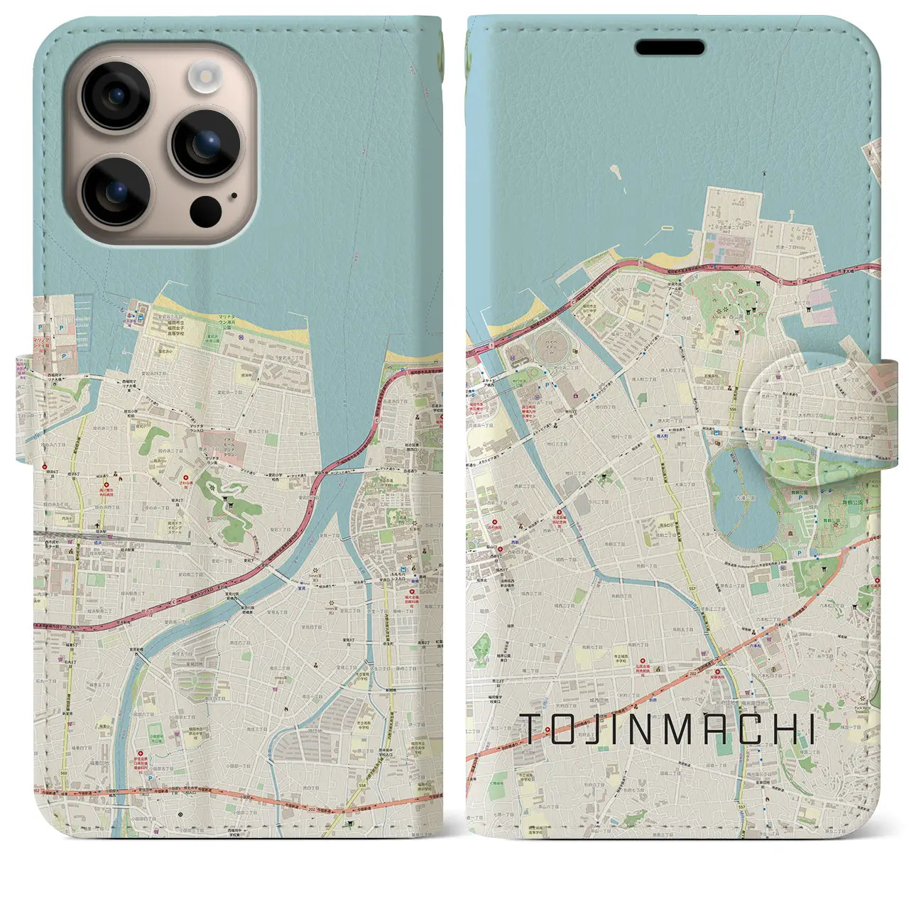 【唐人町(福岡県)】地図柄iPhoneケース(手帳タイプ)ナチュラル・iPhone 16 Plus 用