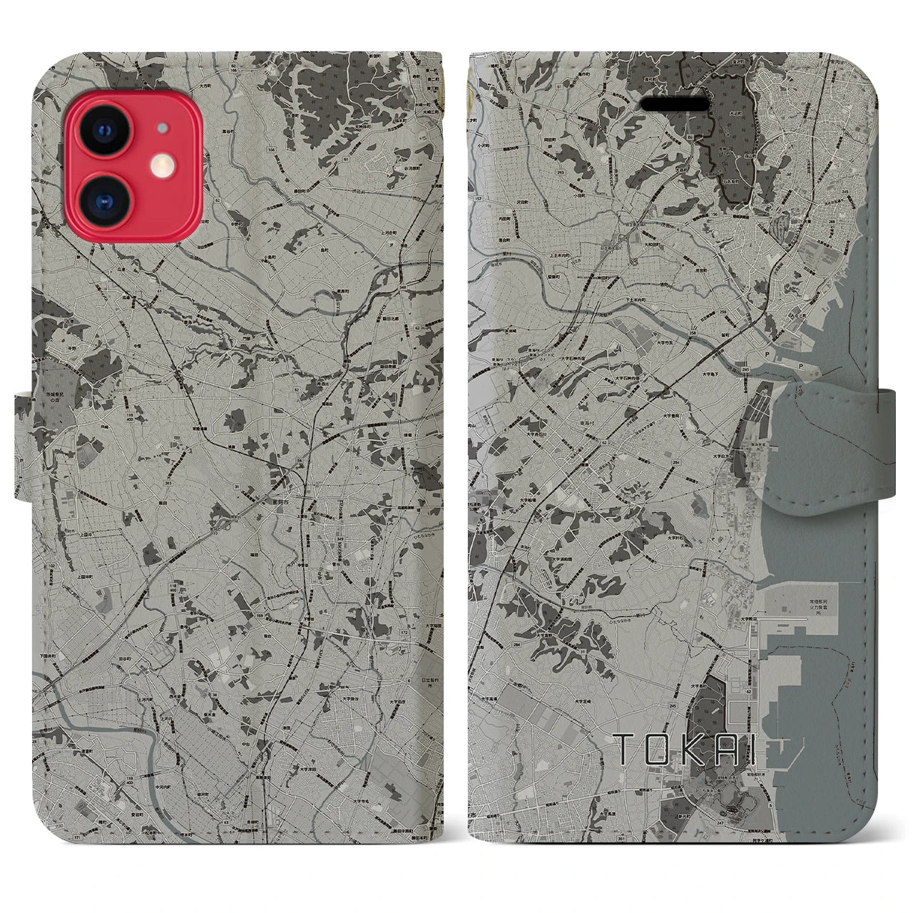 【東海(茨城県)】地図柄iPhoneケース(手帳タイプ)モノトーン・iPhone 11 用