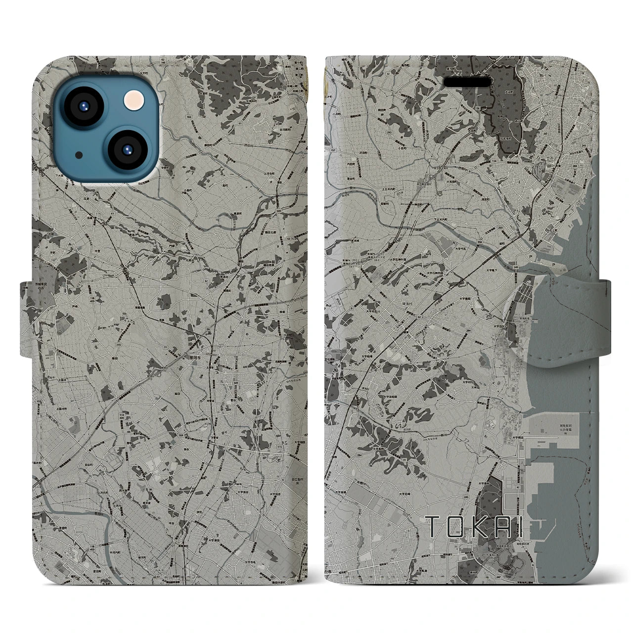 【東海(茨城県)】地図柄iPhoneケース(手帳タイプ)モノトーン・iPhone 13 用