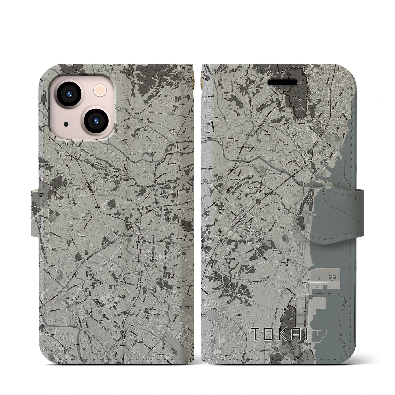 【東海(茨城県)】地図柄iPhoneケース(手帳タイプ)モノトーン・iPhone 13 mini 用