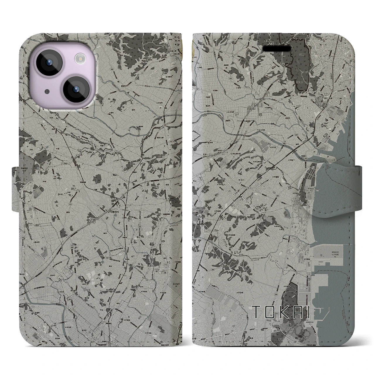 【東海(茨城県)】地図柄iPhoneケース(手帳タイプ)モノトーン・iPhone 14 用