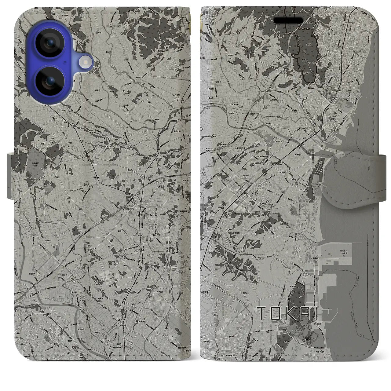 【東海(茨城県)】地図柄iPhoneケース(手帳タイプ)モノトーン・iPhone 16 Pro Max 用