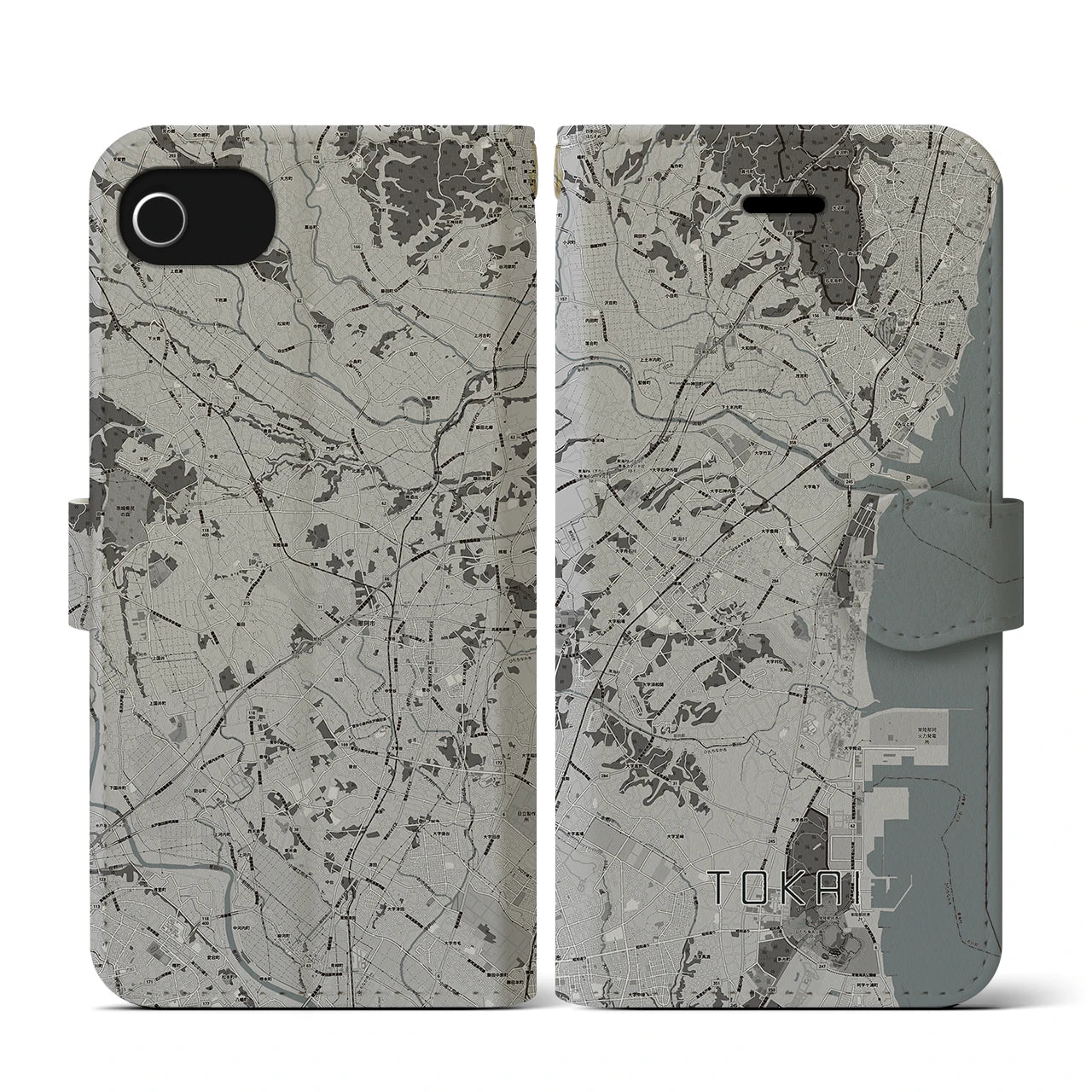 【東海(茨城県)】地図柄iPhoneケース(手帳タイプ)モノトーン・iPhone SE(第3 / 第2世代) / 8 / 7 / 6s / 6 用