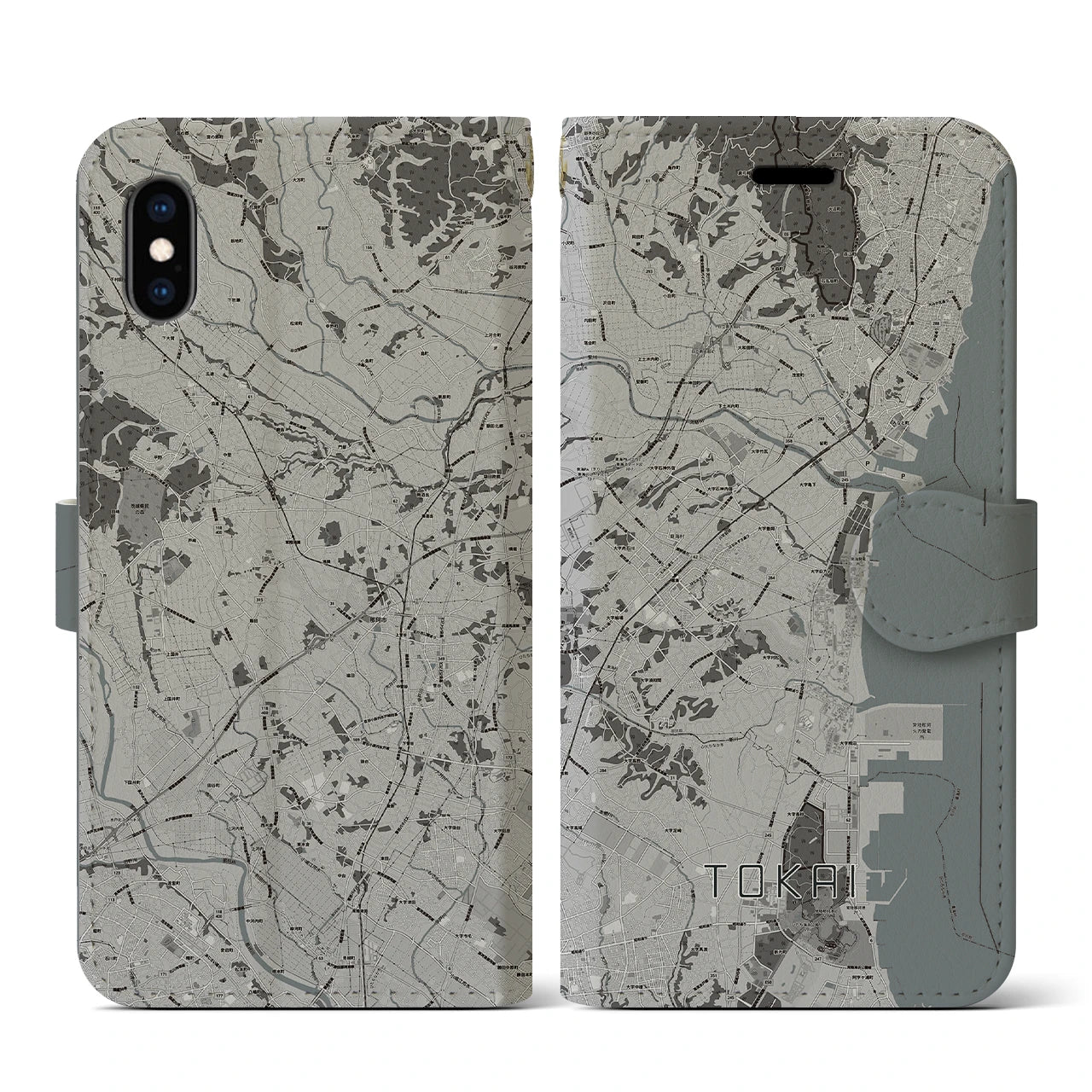 【東海(茨城県)】地図柄iPhoneケース(手帳タイプ)モノトーン・iPhone XS / X 用