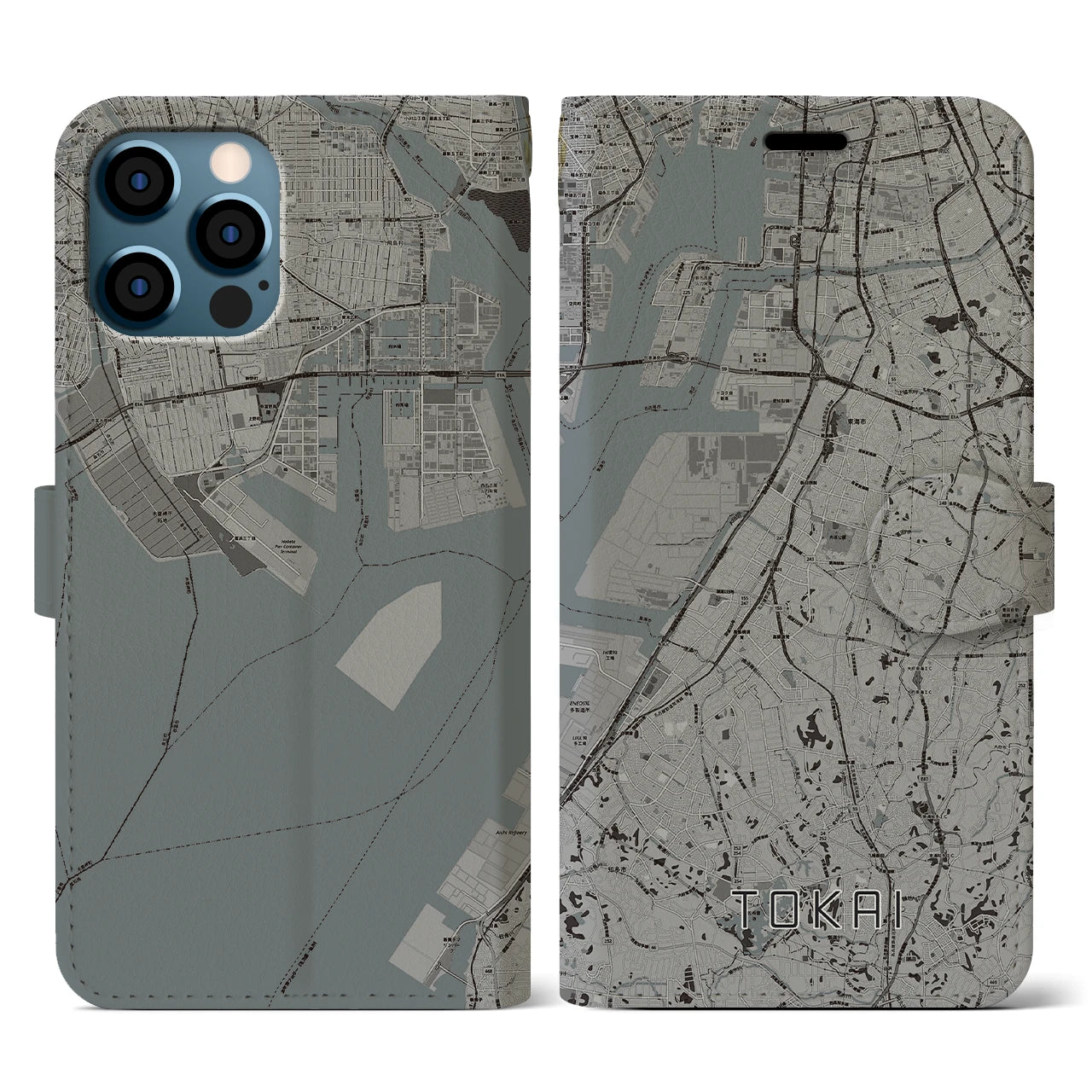 【東海(愛知県)】地図柄iPhoneケース(手帳タイプ)モノトーン・iPhone 12 / 12 Pro 用