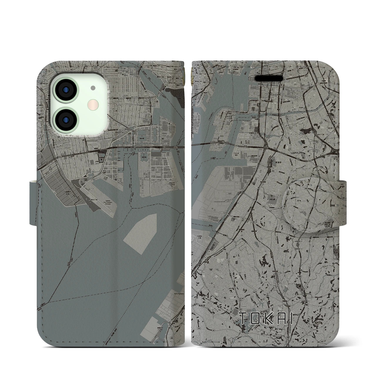 【東海(愛知県)】地図柄iPhoneケース(手帳タイプ)モノトーン・iPhone 12 mini 用