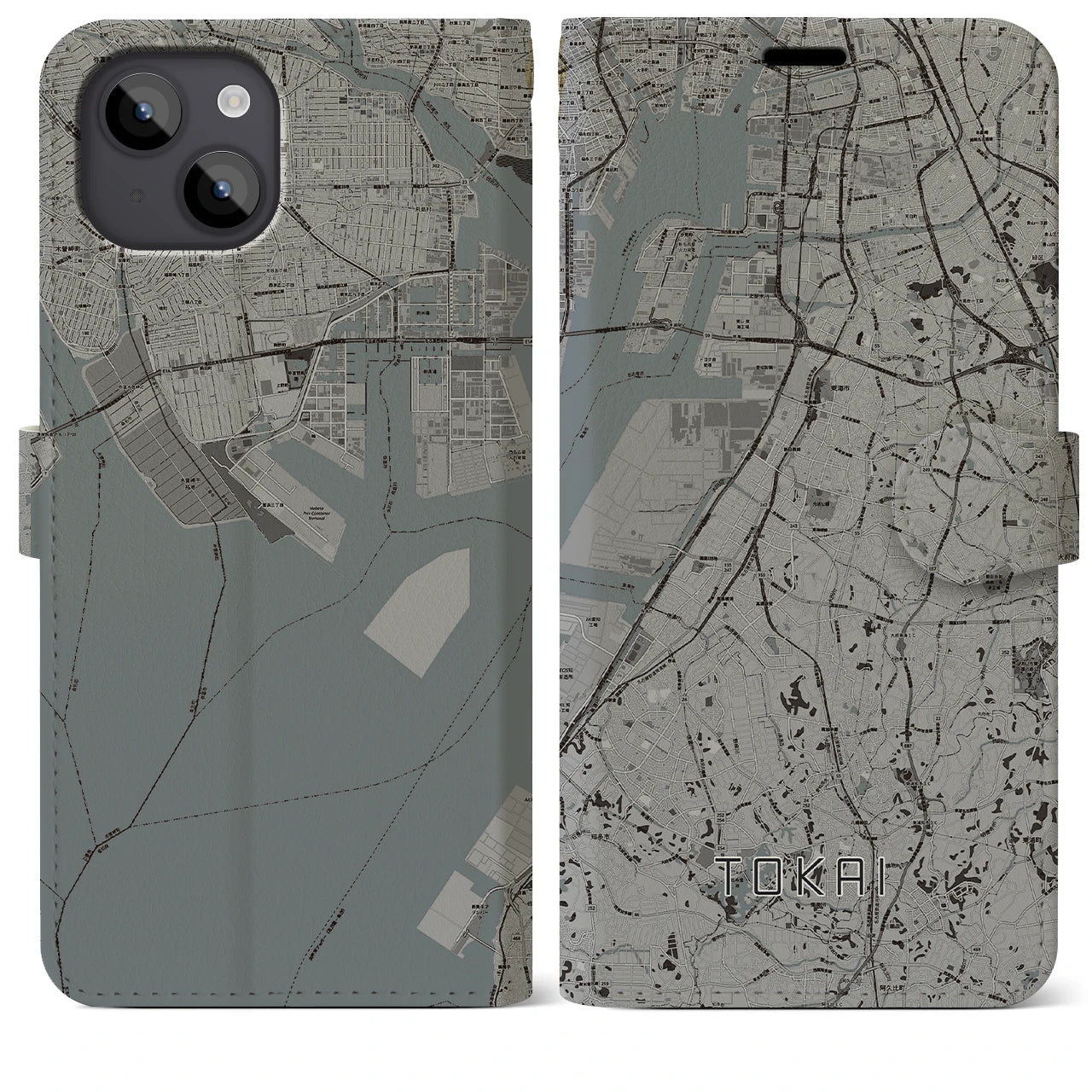 【東海(愛知県)】地図柄iPhoneケース(手帳タイプ)モノトーン・iPhone 14 Plus 用