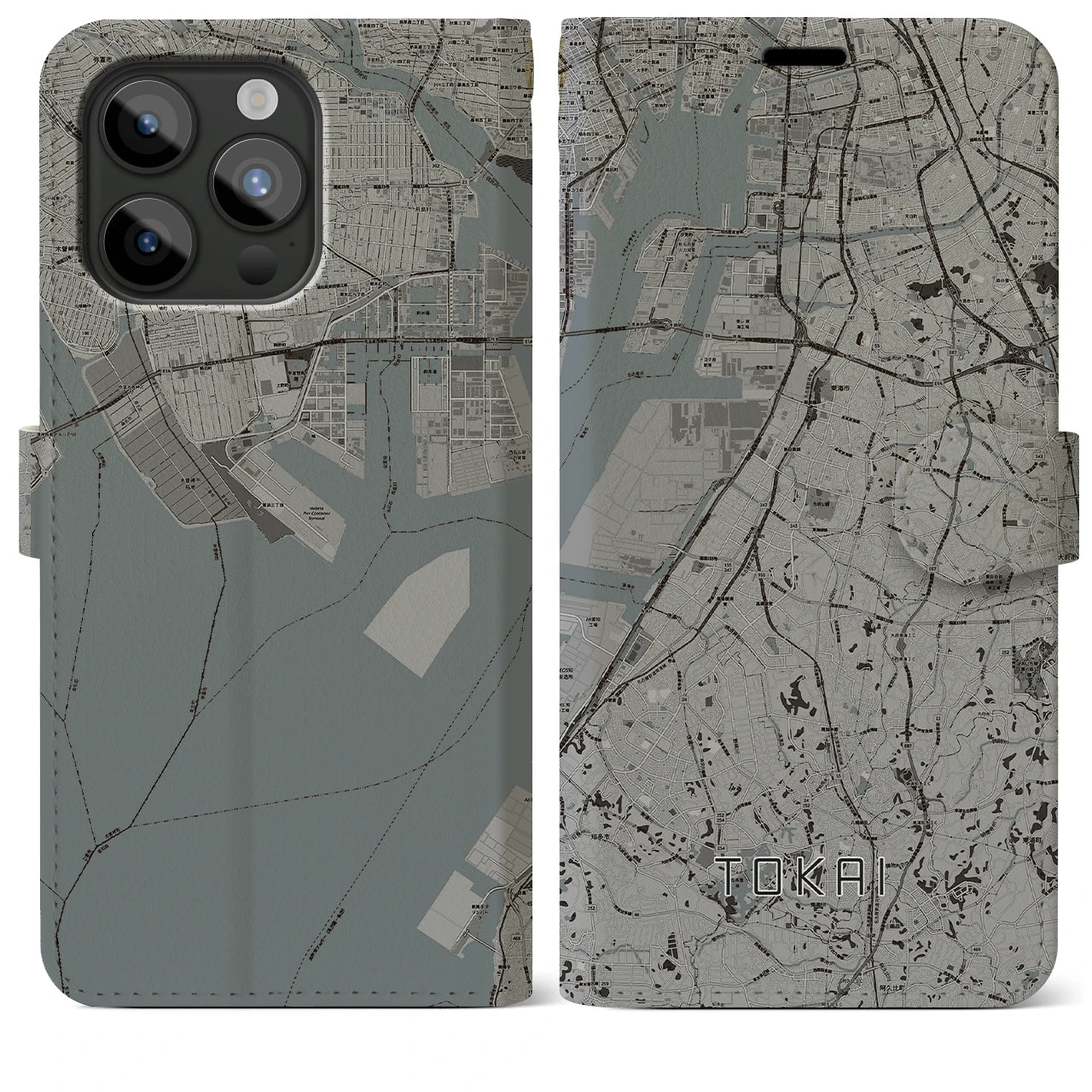 【東海(愛知県)】地図柄iPhoneケース(手帳タイプ)モノトーン・iPhone 15 Pro Max 用