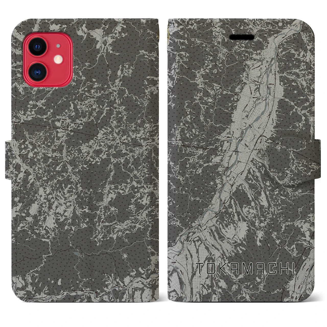 【十日町(新潟県)】地図柄iPhoneケース(手帳タイプ)モノトーン・iPhone 11 用