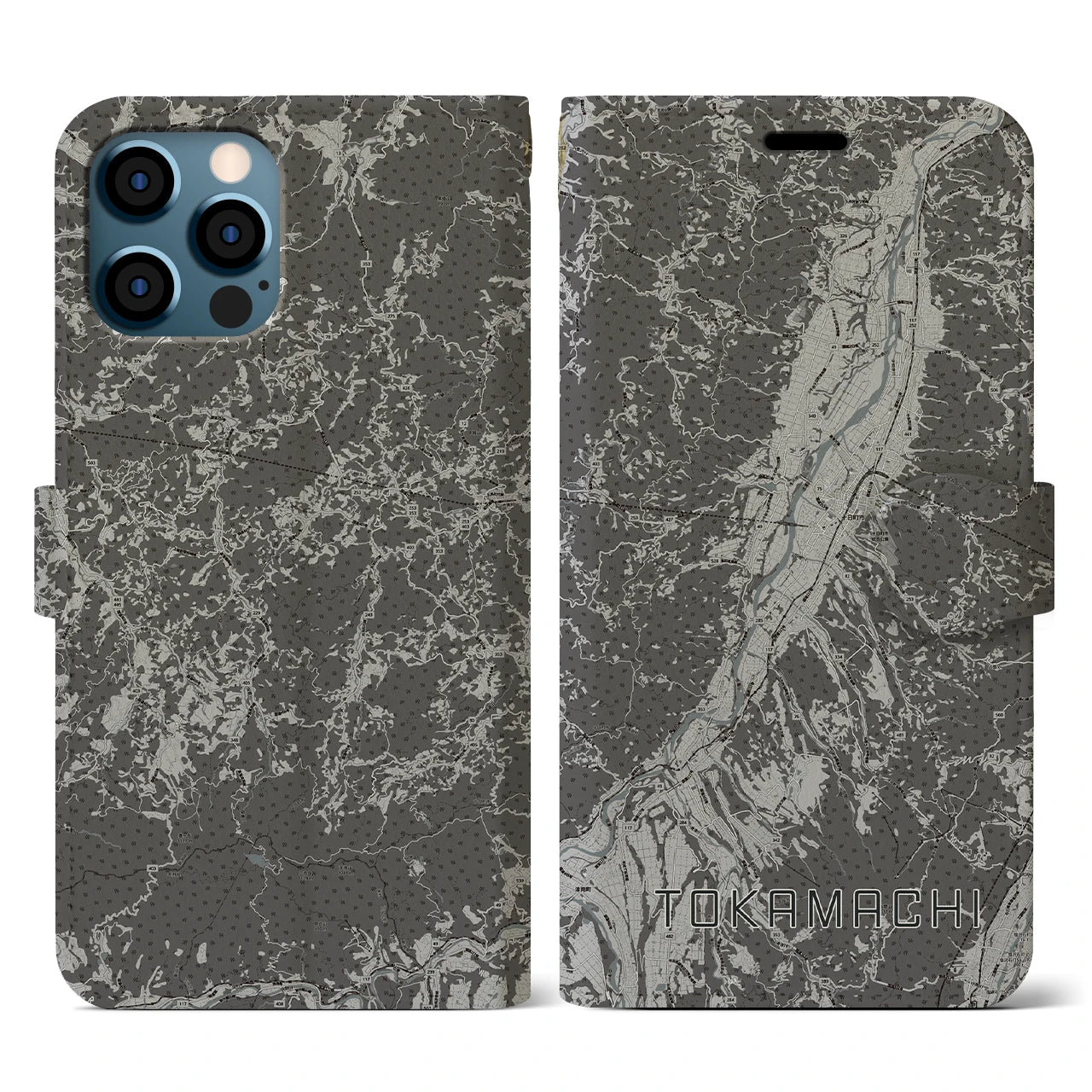 【十日町(新潟県)】地図柄iPhoneケース(手帳タイプ)モノトーン・iPhone 12 / 12 Pro 用