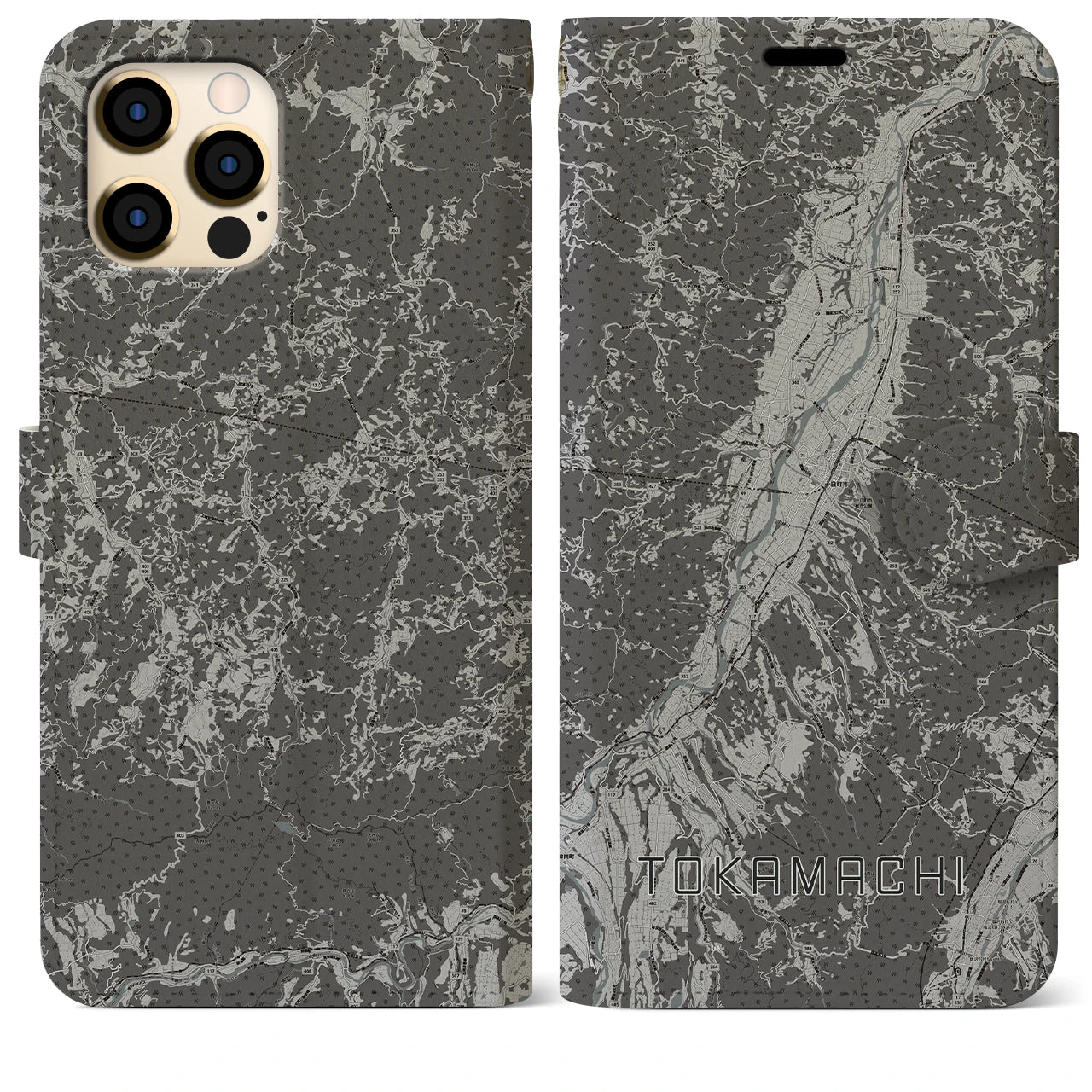 【十日町(新潟県)】地図柄iPhoneケース(手帳タイプ)モノトーン・iPhone 12 Pro Max 用